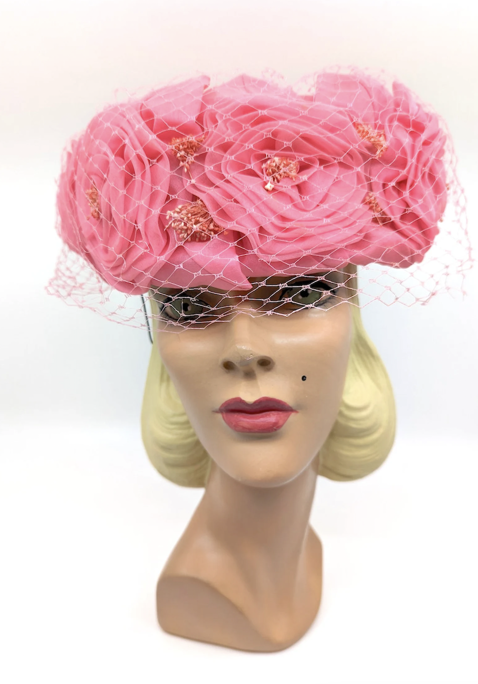 Vintage 1960s' Marcel Ferran ' Pink Roses Veiled Cocktail Pill Box Hat