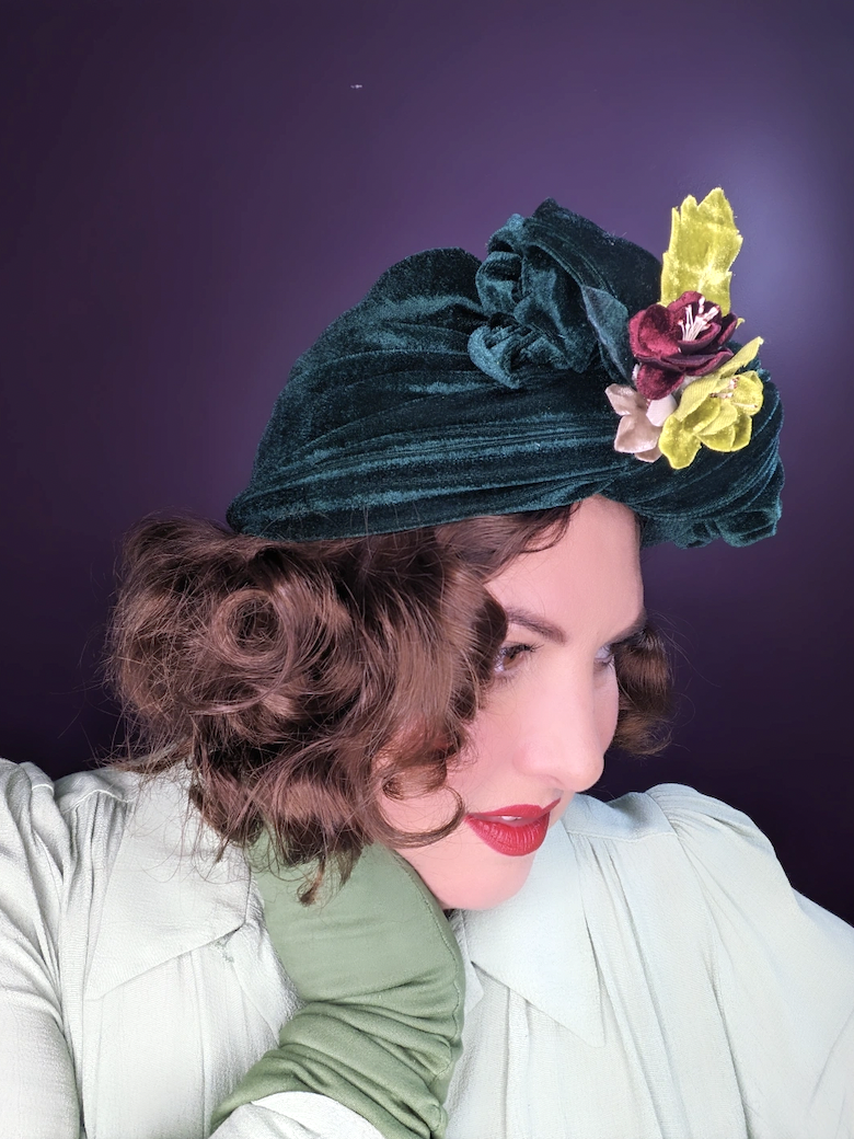 The House Of Hats Bon Bon Green Velvet 1940s Turban, Vintage Hats Sydney, Bespoke Millinery Australia .png