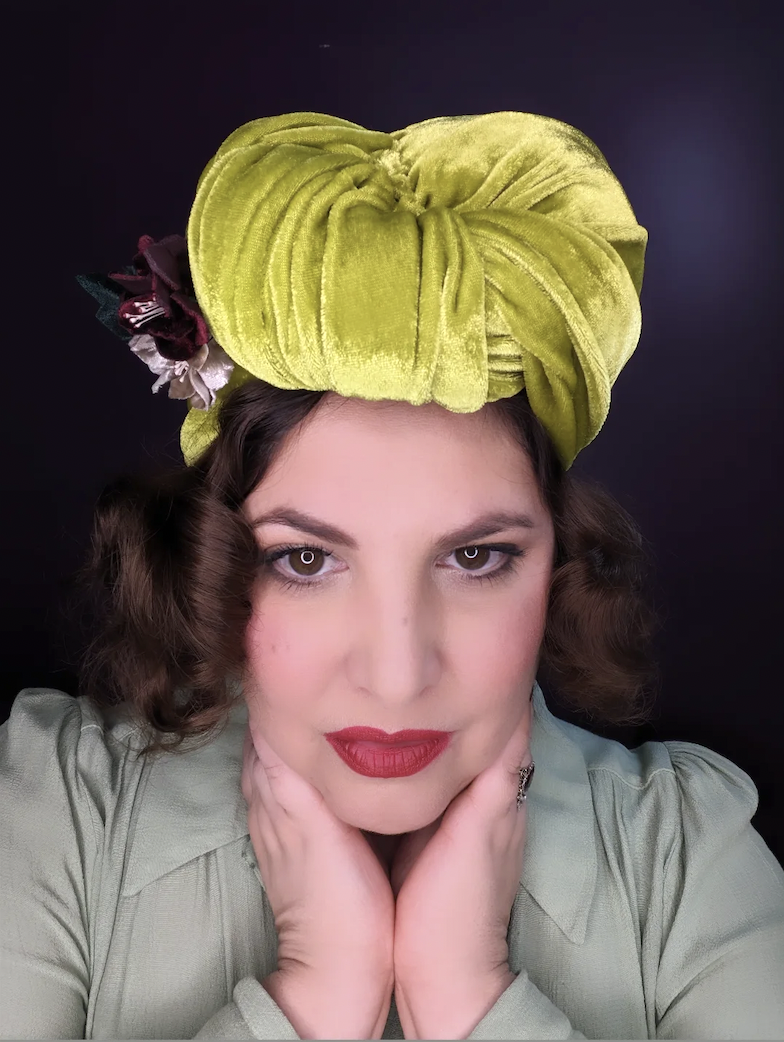 Le De Chat - Velvet 1940s Cat Ear Turban - Chartreuse