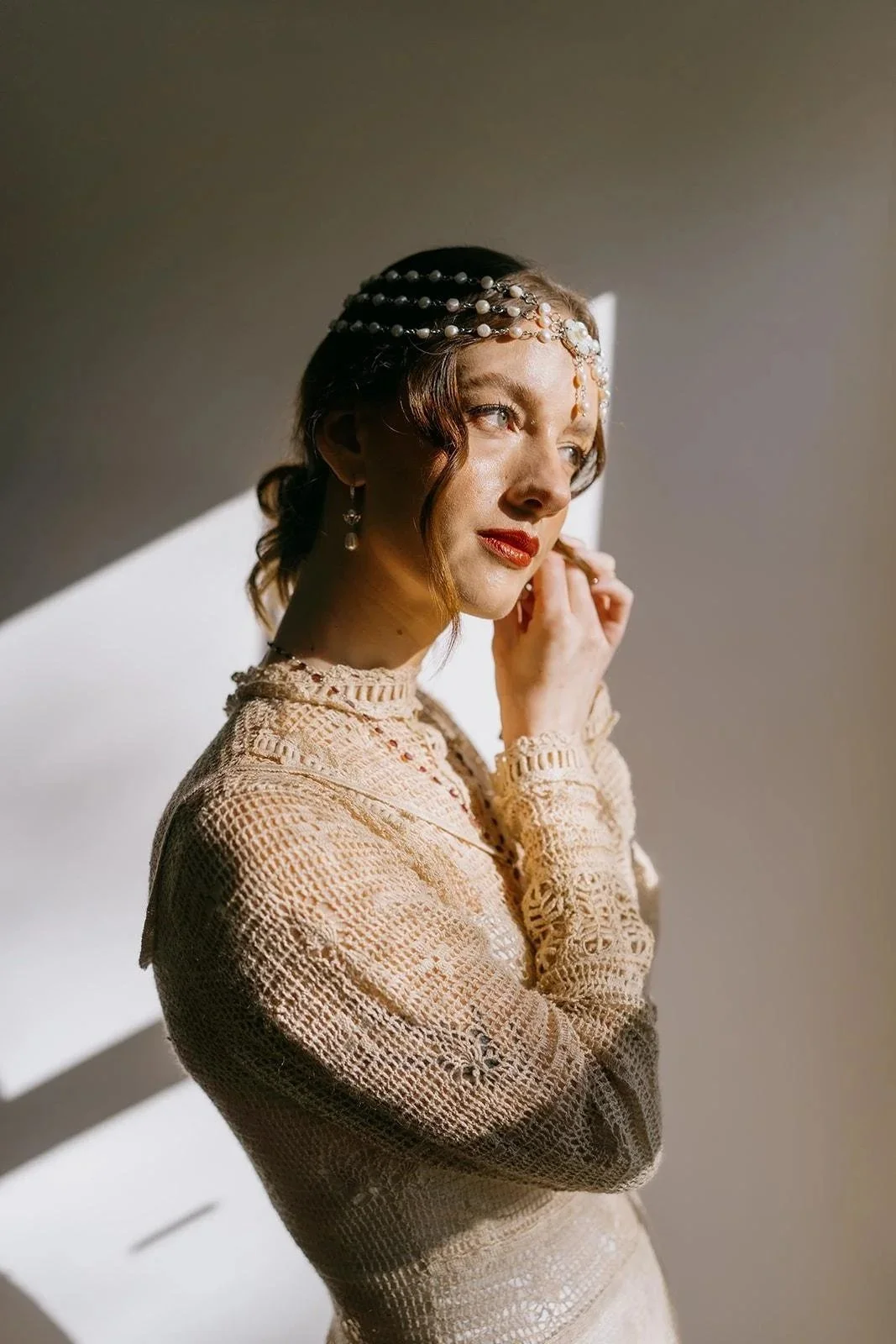 Our Bride Maia Wearing our ' Siren ' Pearl Headpiece 