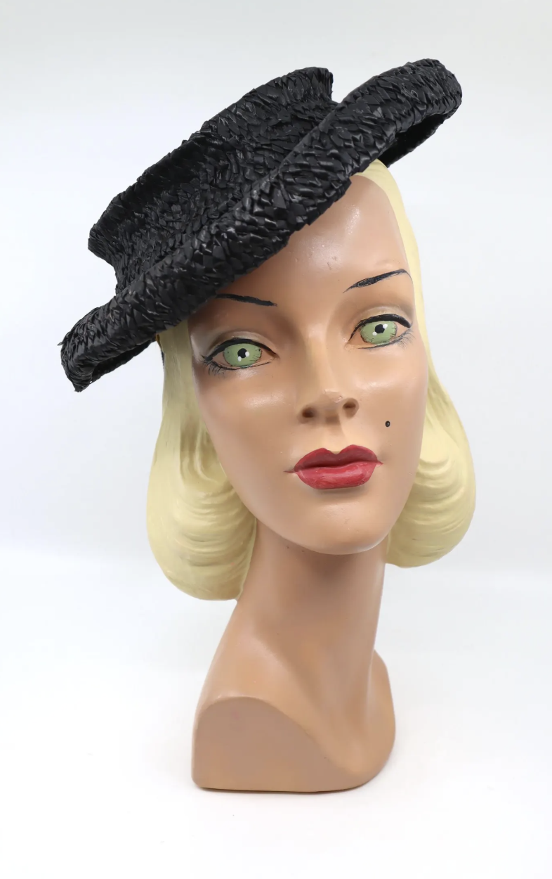 Vintage 1940s Black Straw Boater Hat: - Grosgrain Ribbon Trim