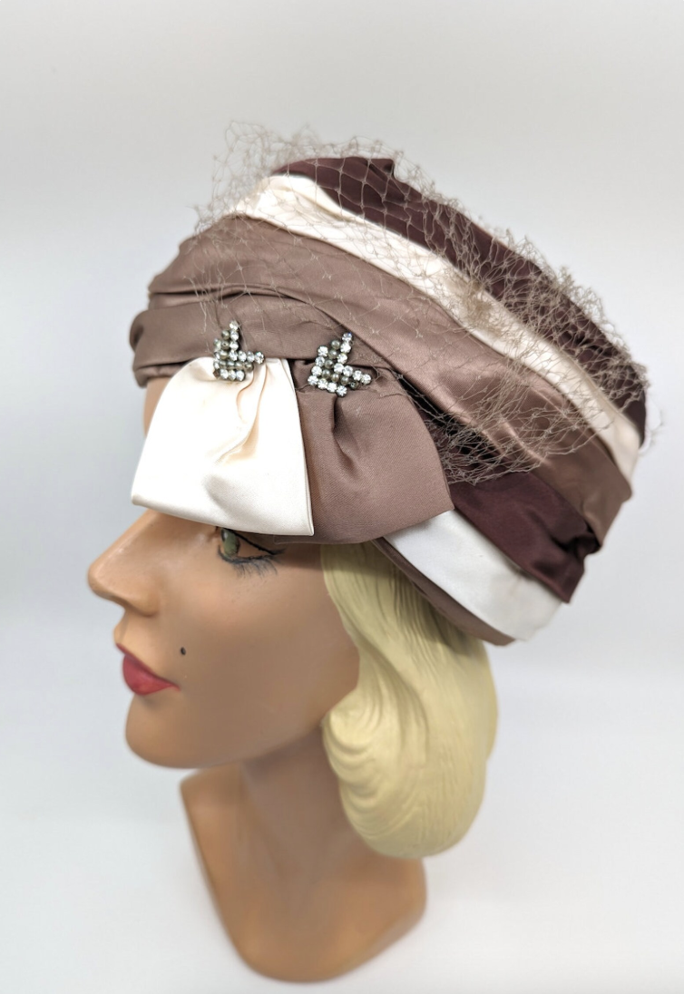 The House of Hats 1950s Brown Satin Cocktail Hat Veil Vintage Hats Queensland Australia .png
