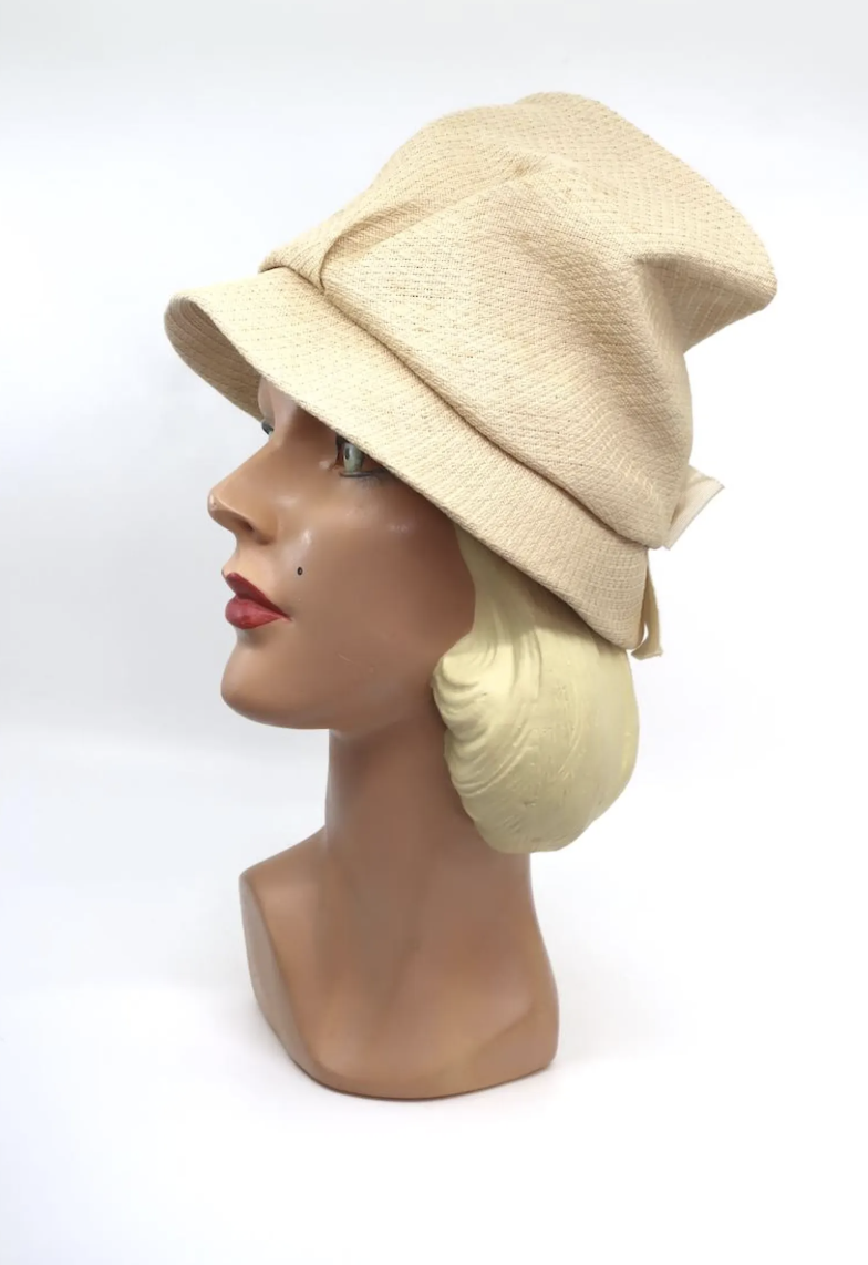 The House Of Hats  1930s Straw Canvas Hat - Summer Sports Cloche Grosgrain Bow.png