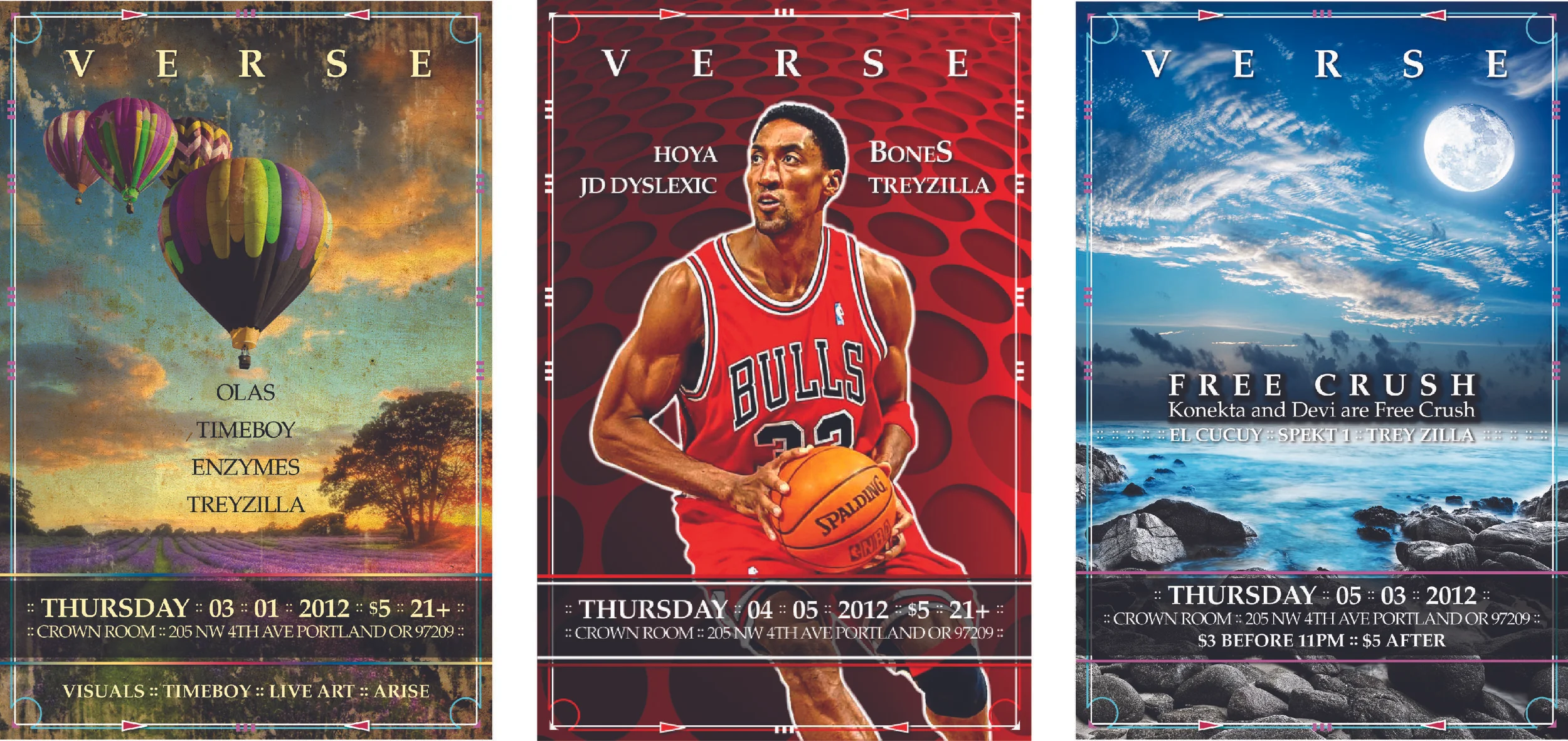 VERSE: -Line of posters for monthly music night at Portland’s Crown Room. Each month we change the theme and the color palette, while keeping the frame layout the same to indicate a new show of the same series.