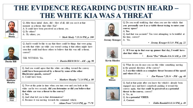 Government witnesses say the white kia credos represented a threat to the safety & security of the state department convoy