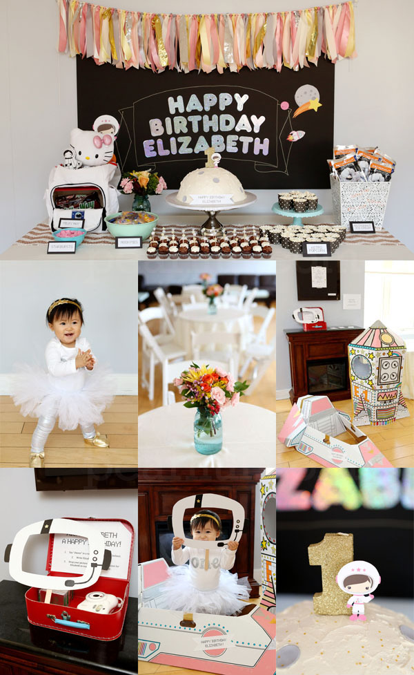 "I Love You to the Moon and Back" First Birthday Space-Themed Party Dessert Display Table and Backdrop. Photo Credit: Morgan Bayard Photography