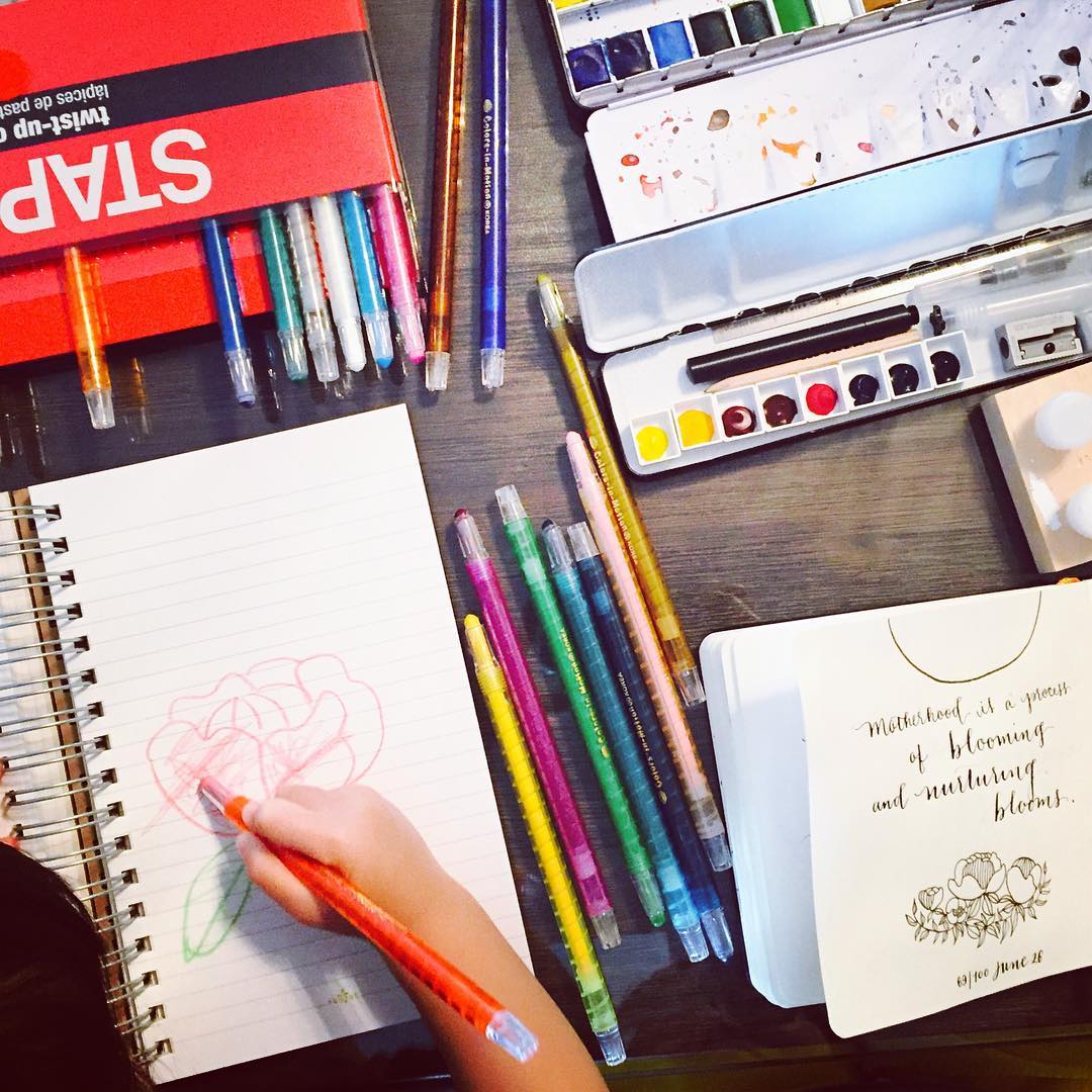 As shared on my Instagram feed on June 27, 2016, this was my kitchen table aka workspace over the weekend, when my daughter and I drew and colored together. Most days I wake up very early before work to write or draw #pearls100daymomproject2016 in my sketchbook, other times we use our right brains together side by side! Inspired by @etsy seller @ruth_oosterman to share what it's like to find time as a creative mum. My workspace is minimal and I don't have all the tools but I do what I can to have 20-30 mins to use my fine motor skills.