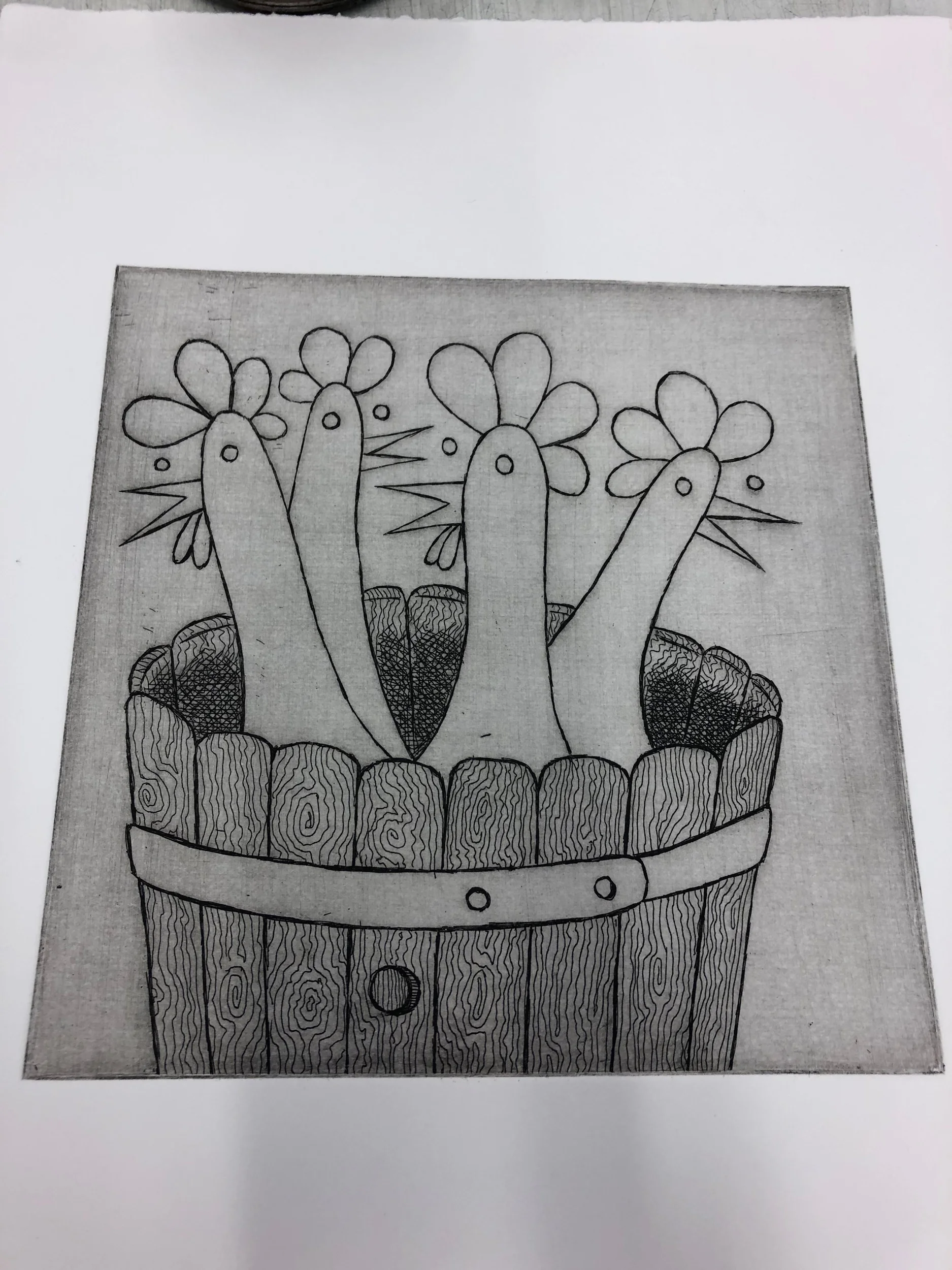 The first state of my Chickens in a Barrel print.