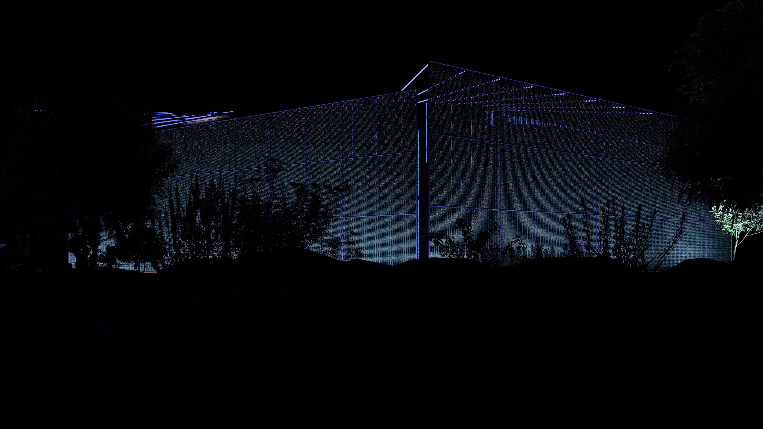 Render image of a black box theater at night, featuring an external screen with diffused light catching the grid.