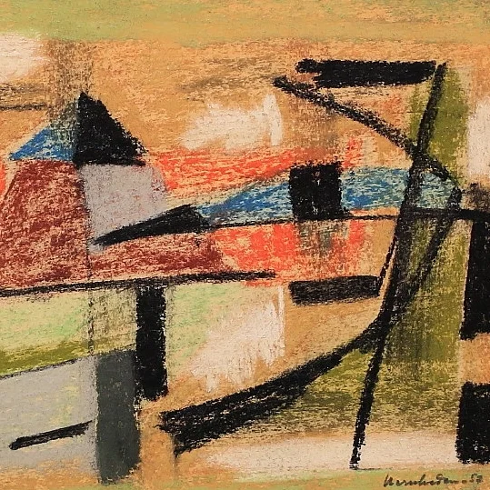 Stig Wernheden (Swedish 1921-1997) Abstract - signed, dated, 57, mixed media on paper, 26 x 17cm (image size - larger in frame).jpg