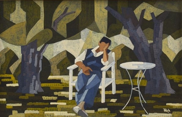 'Man in chair' by Lars Frick (Sweden, 1925–) oil on panel 21 x 33cm AU $XXX inquire here