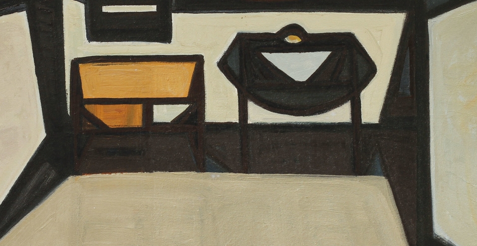 ‘Table and secretary’ by Max Gregor Carlsson (Swedish 1914-1996) oil on canvas signed and dated 57 32x56 cm canvas size AU $XXX inquire here