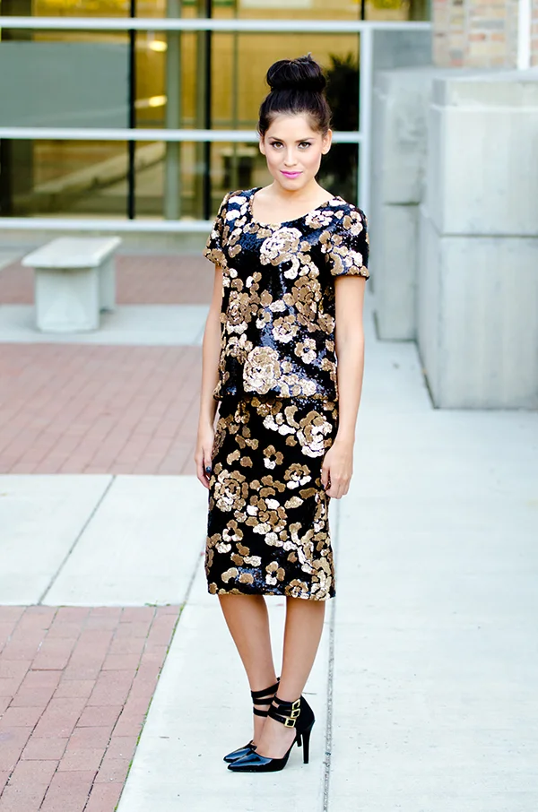 Bree Lena Black and Gold Sequin Roses Tee and Pencil Skirt (2).jpg