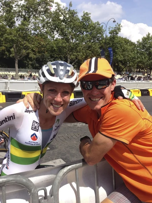 This fab pic was taken immediately after LaCourse in Paris after the inaugural Womens Race in the 2014 Tour de France. Having a pro cyclingtours group lining the Champs every lap cheering for me and hugs over the barrier after the race was incredibly special! Thank you Steve and Michelle for your belief and support, bring on 2015!