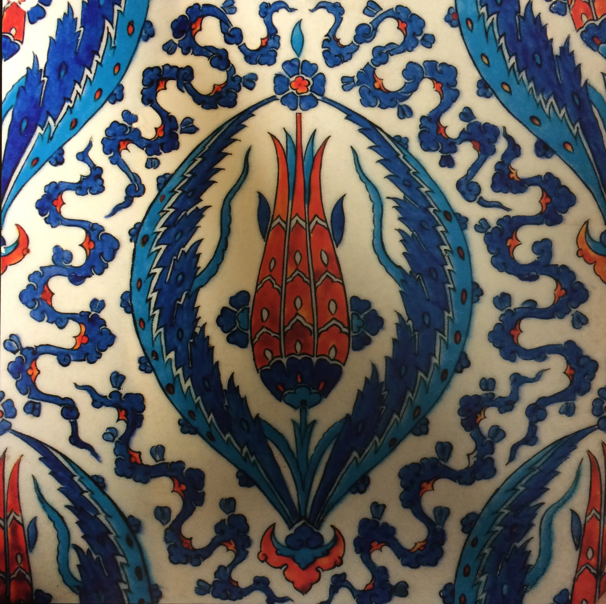 Tulip flanked by serrated saz yolu leaves and clouds