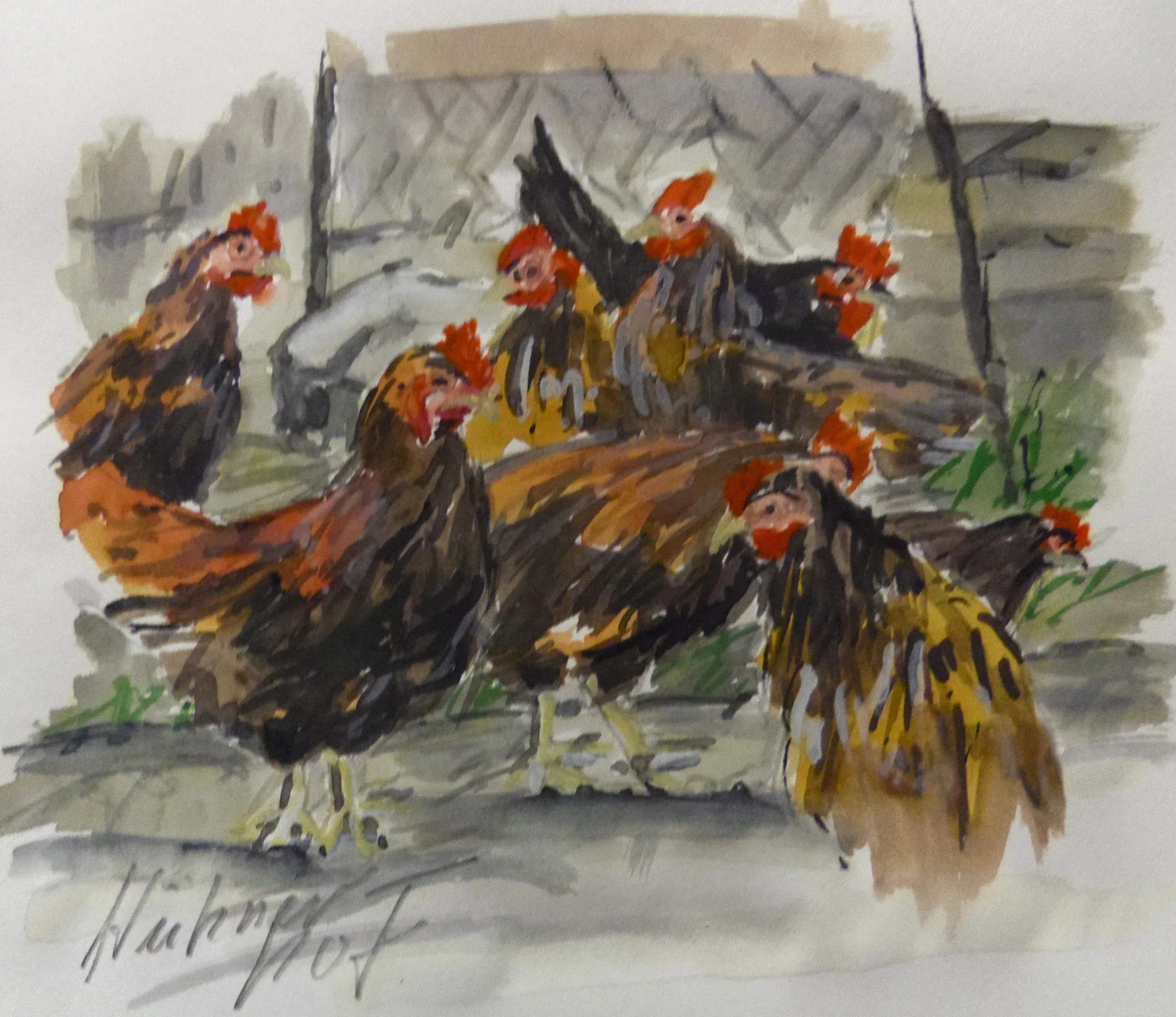 Hühnerhof Aqarell  19x22 cm