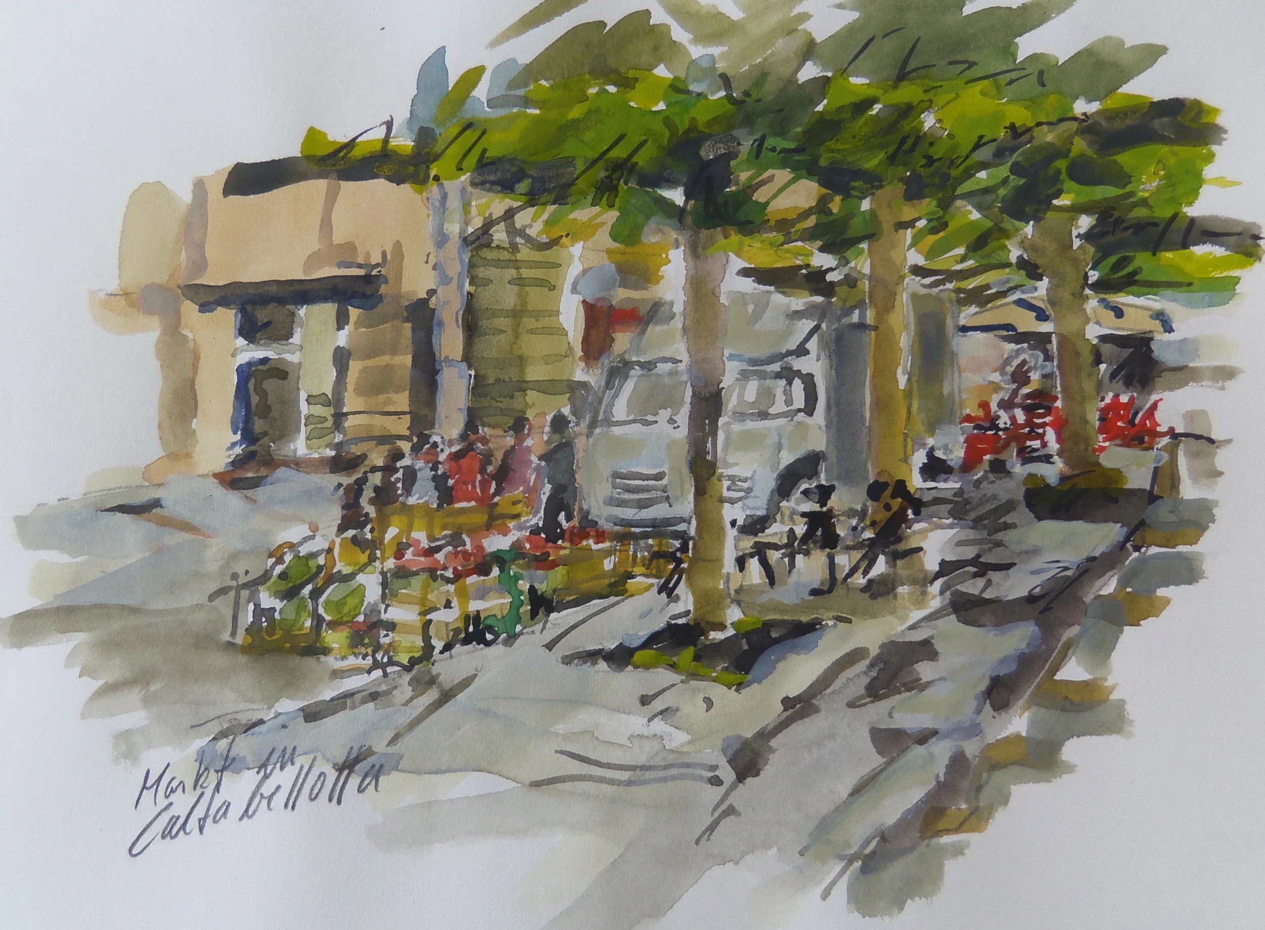 Markt in Caltabelotta  Aqarell  22x30 cm