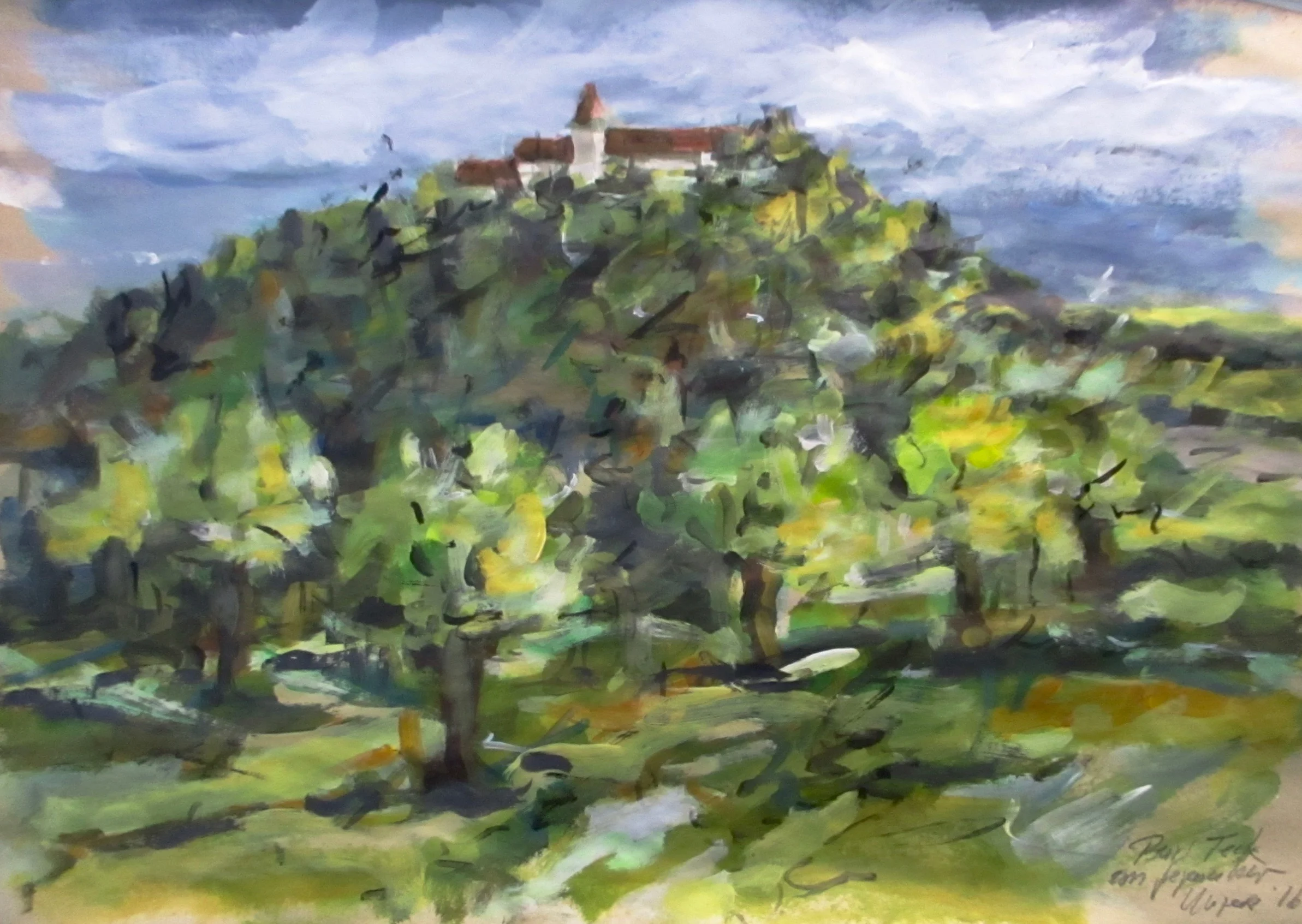 Burg Teck von gegenüber Mischtechnik/Papier 50x70cm