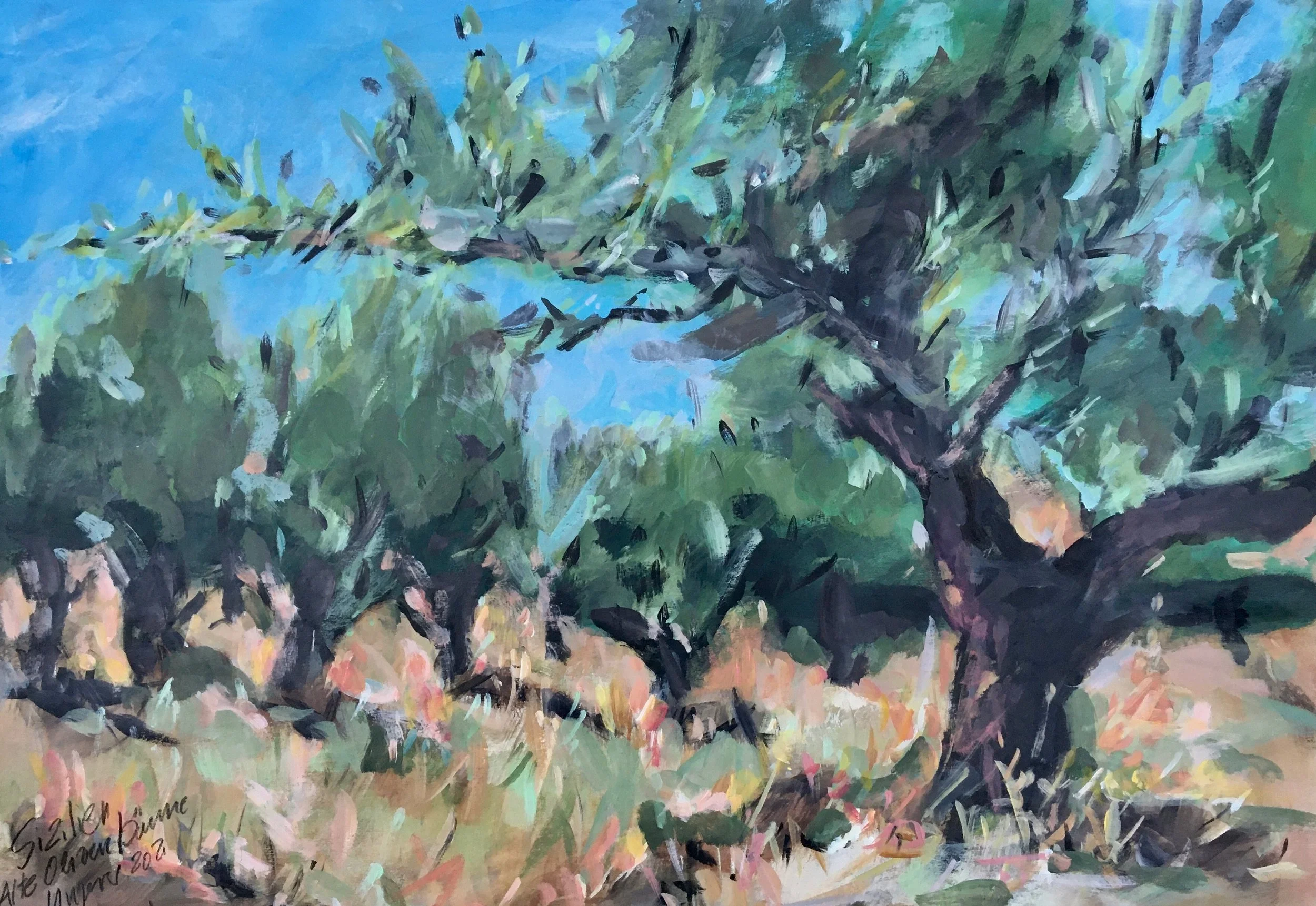 Sizilien Alte Olivenbäume Mischtechnik auf Papier 50x70