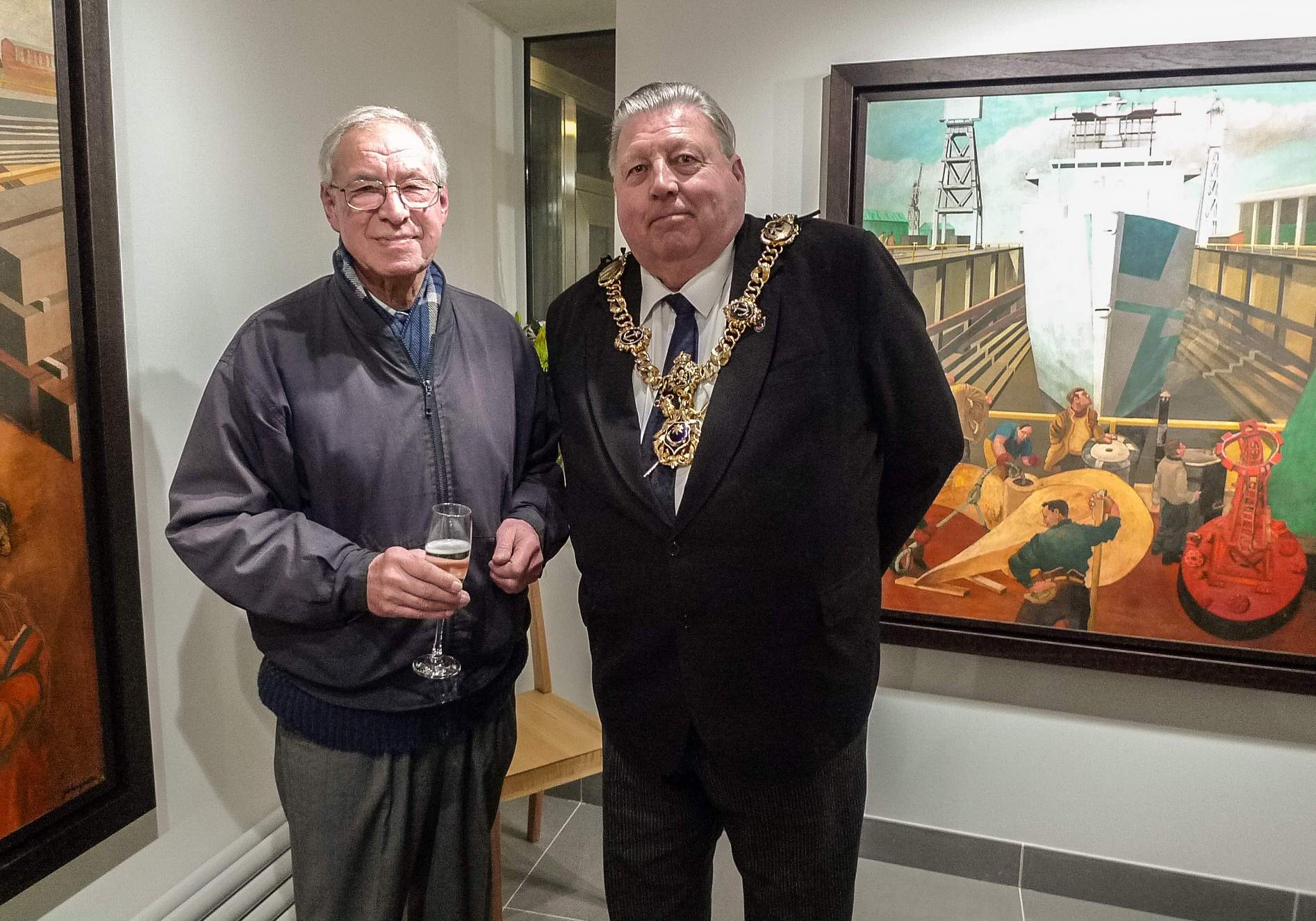 Councillor Frank Jonas with artist John Green at the opening of his show Dockies curated and produced by Rebecca Crow at Jack House Gallery. photo © Anna Burdick