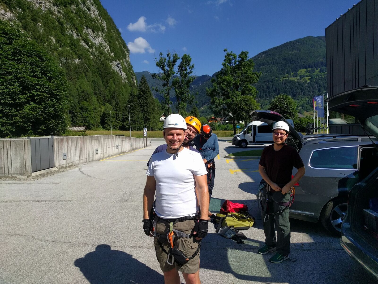 Our team wearing climbing equipment