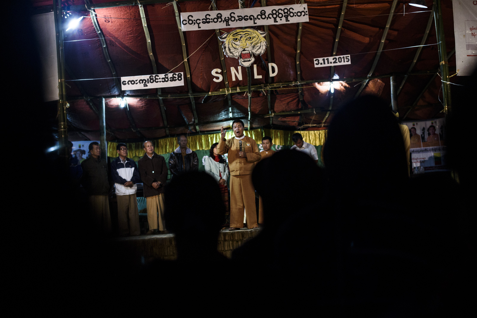 One Leng gives a speech before a concert featuring Shan musicians. He was visibly angry when he went off-script to discuss villagers caught in the middle of Shan-Army fighting that saw elections cancelled in parts of the state.