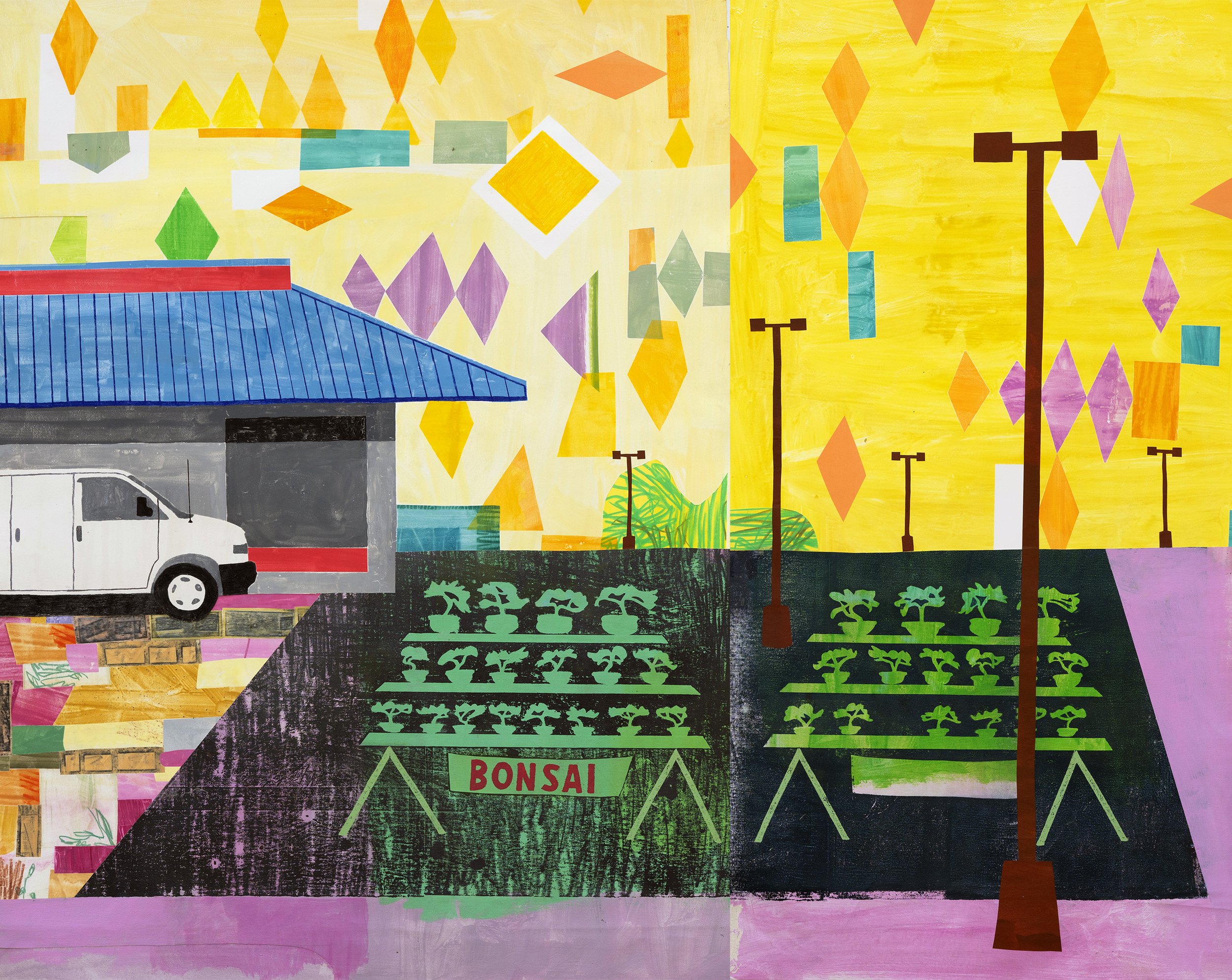 Parking Lot Bonsai, Warercolor monoprint, collage, monoprint on paper and canvas, 2023
