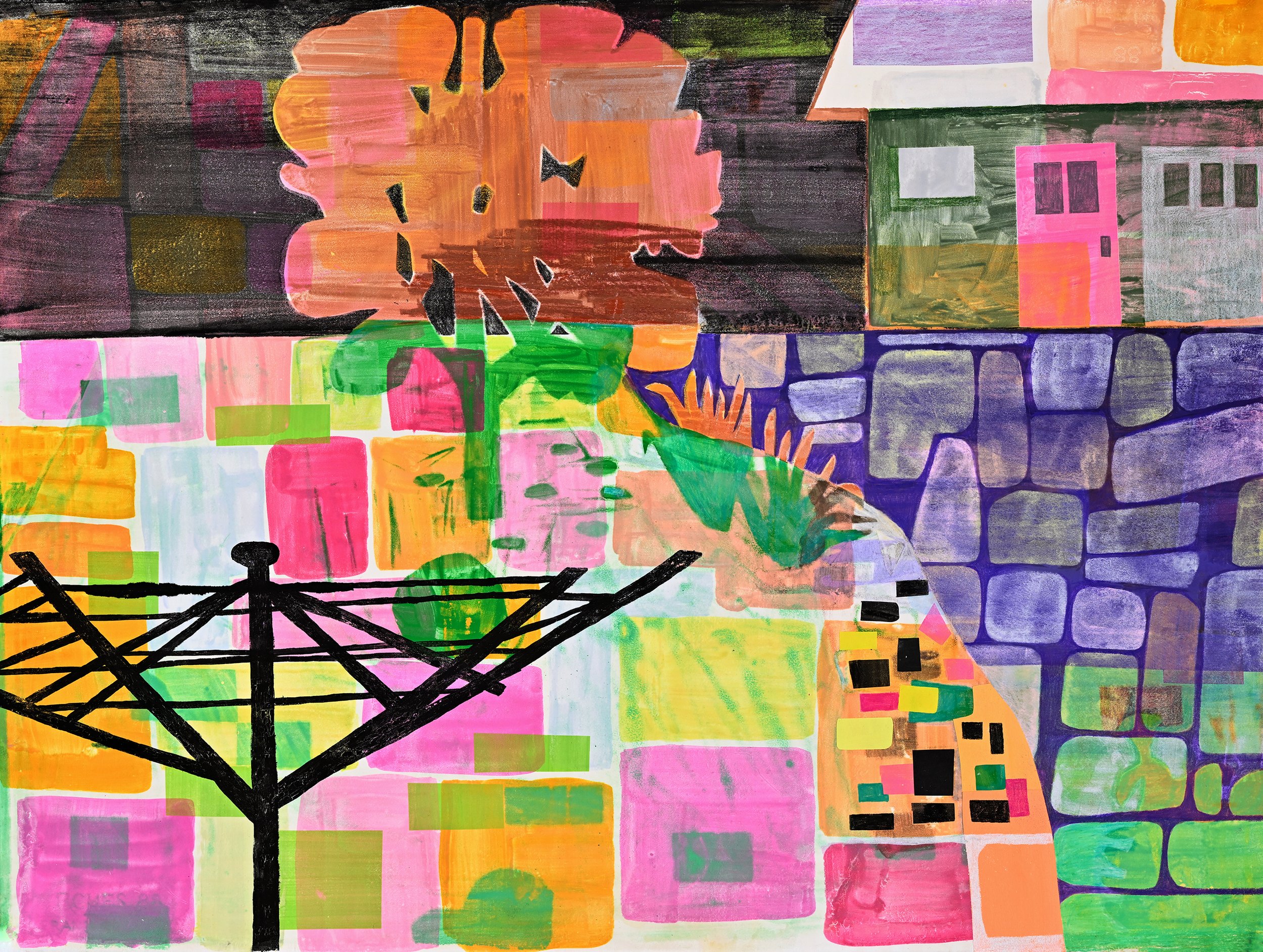 Backyard (Clothesline), 22 X 30, watercolor monoprint, colored pencil on paper, 2023