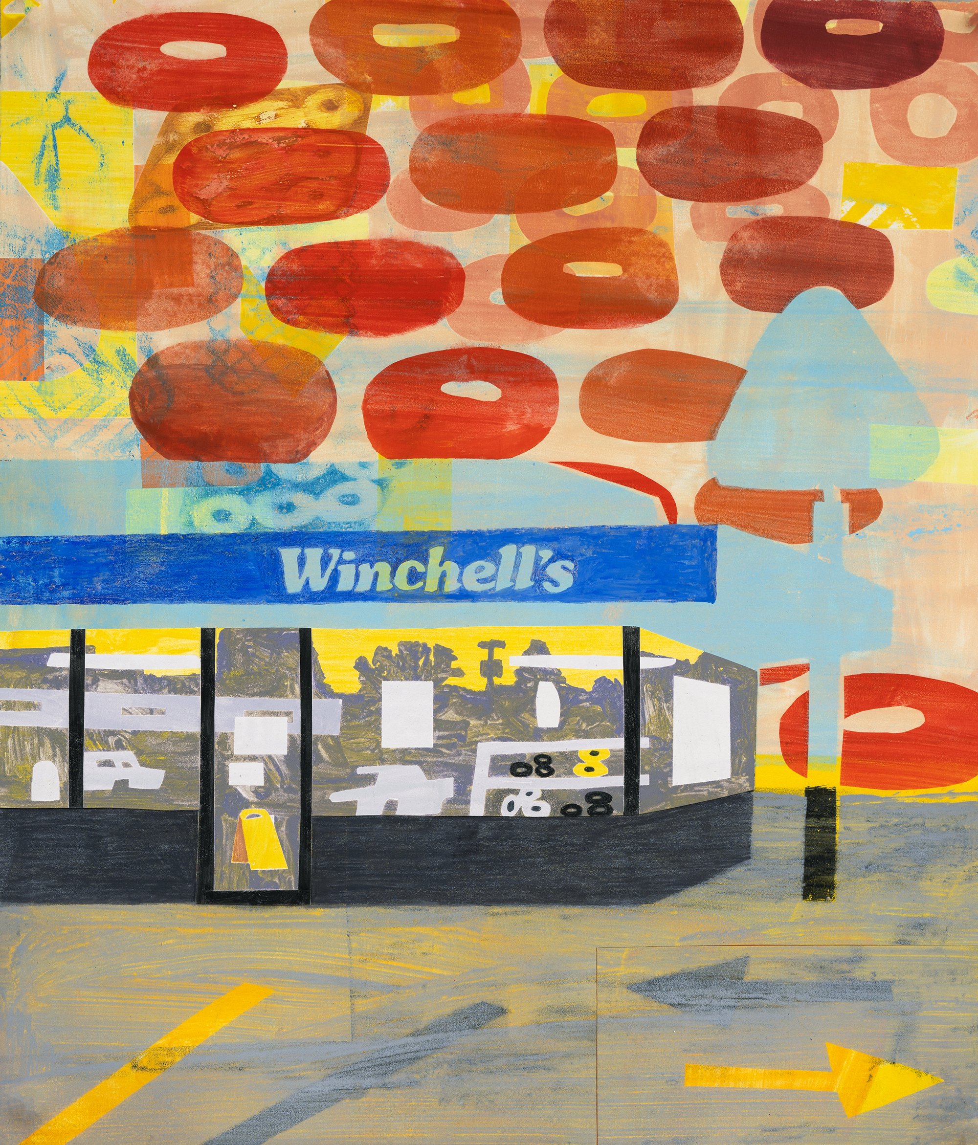 Winchell's Donut House 1, 17.5 X 15. 25, watercolor monoprint, coallge on paper, 2023