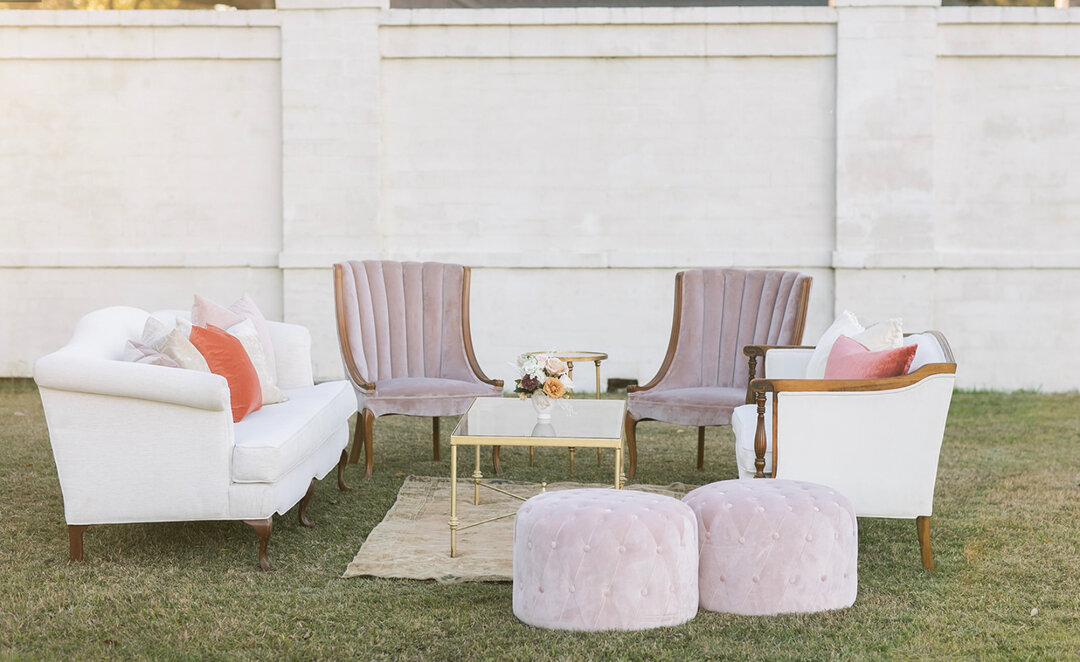 Loving this blush and classic white with accents of gold lounge! We call this one our *Gilmour Lounge* after the gorgeous @thegilmourbr venue! We have many pre-styled lounges like this to choose from for our clients, but we always love to create a cu