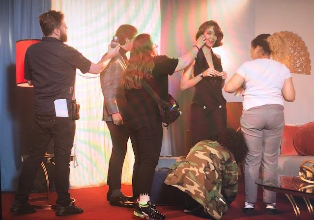 Our H/MUA Lauren Citera, lighting director Mike Pecci, and wardrobe stylist Michelle Carroll & team on last looks for our amazing talent Jake Dietrich and Michelle Dantas.