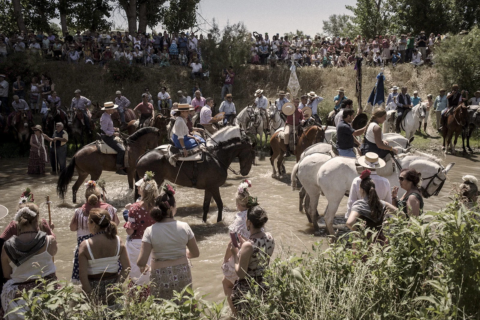 The Quema river is a well know spot of the north route to El Rocío town. Here horses and people rest during the warm hours. Aznalcázar, Spain, May 2015.