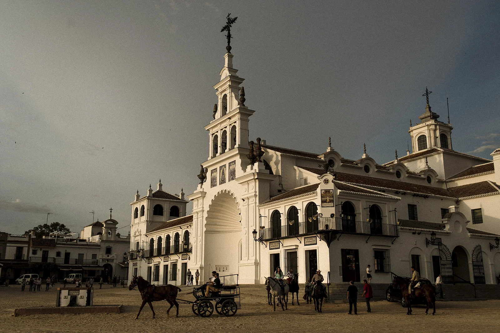 The hermitage of El Rocío days before the pilgrimage starts. With an all-year population not reaching 1000 people this village increases to nearly a million people during the week of the procession. El Rocío, Spain, May 2015.