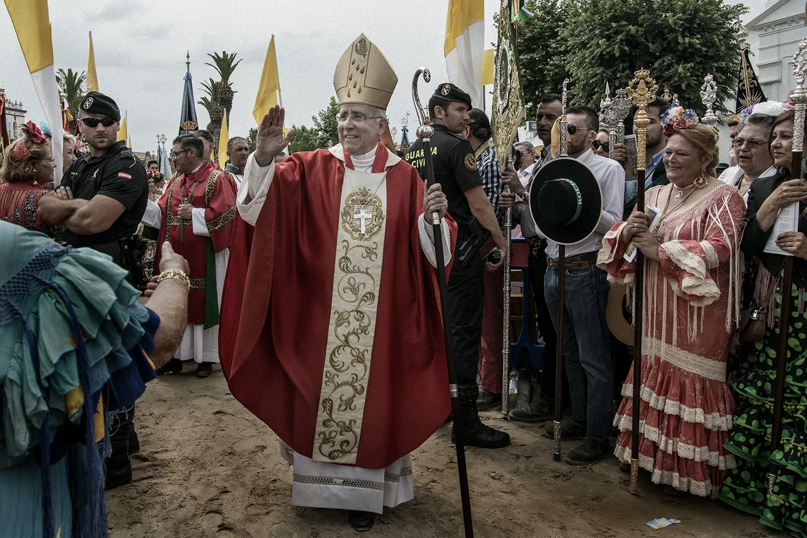 One of the highest points during the pilgrimage is the Sunday's Pentecost Ceremony in the town's biggest square. A ceremony presided in 2015 by José Vilaplana, Huelva's bishop. El Rocío, Spain, May 2015.