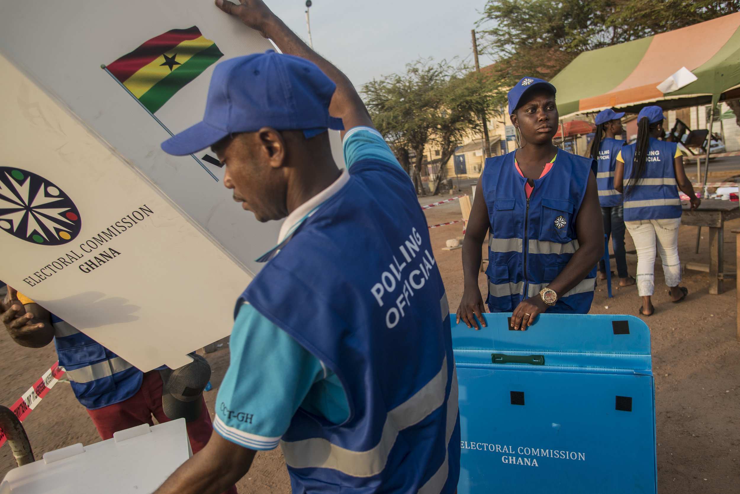  Polling officials preparing a polling station in James Town Accra during Ghana's General Election voting day&nbsp; 