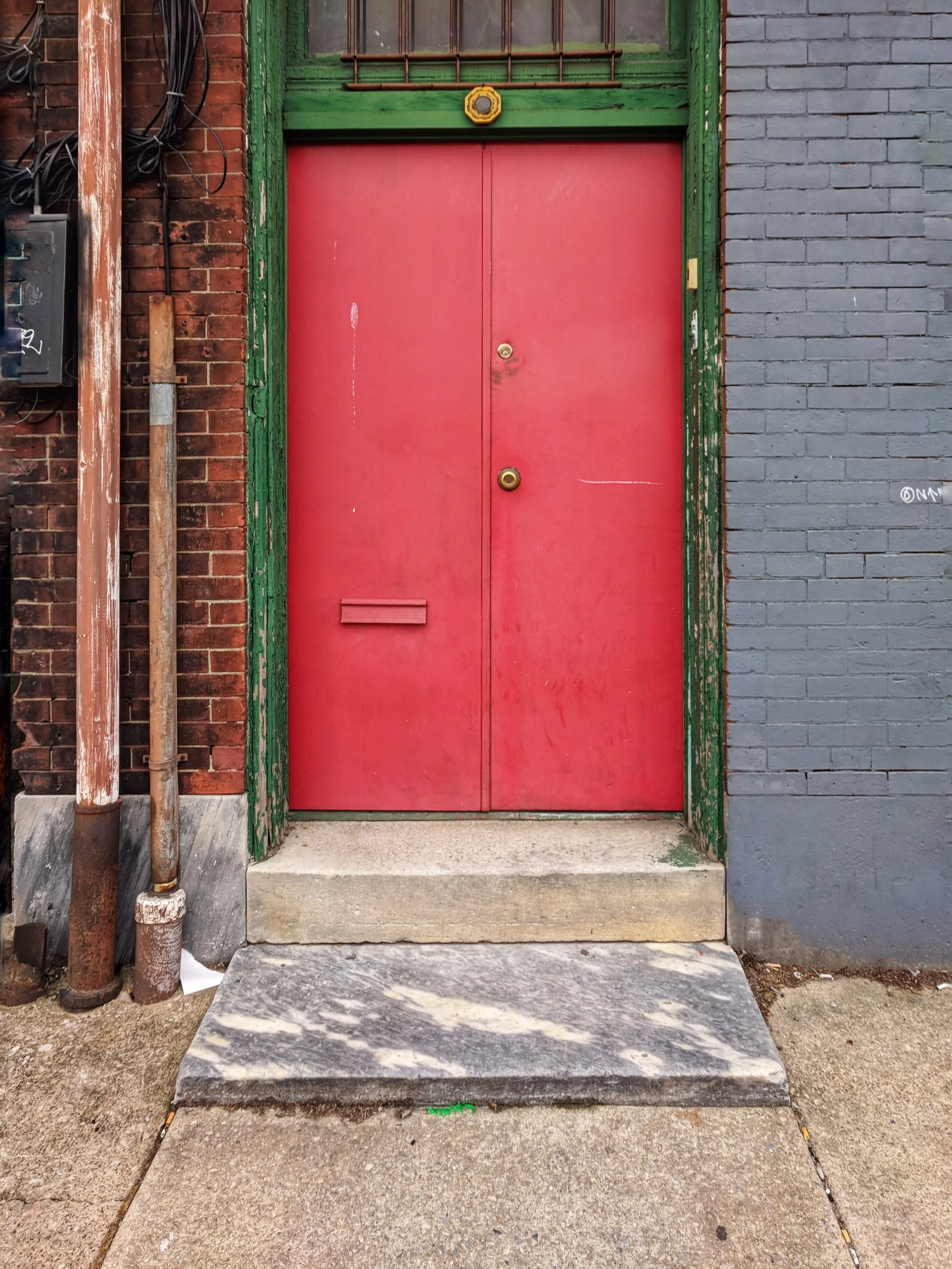Red Door with Green Trim