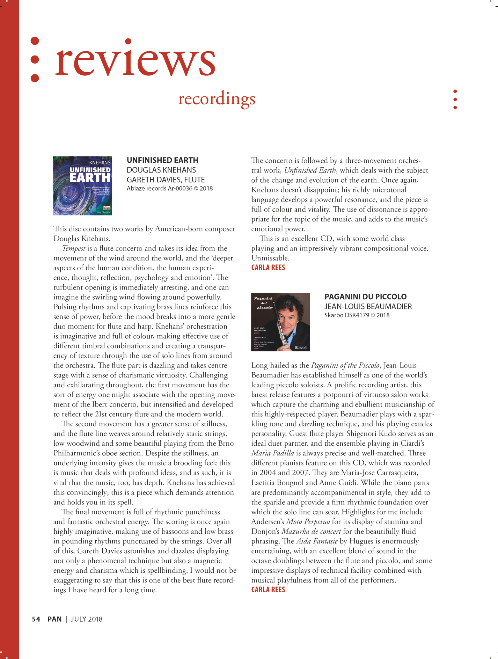 Brilliant Review of UNFINISHED EARTH in UK Flute Publication PAN
