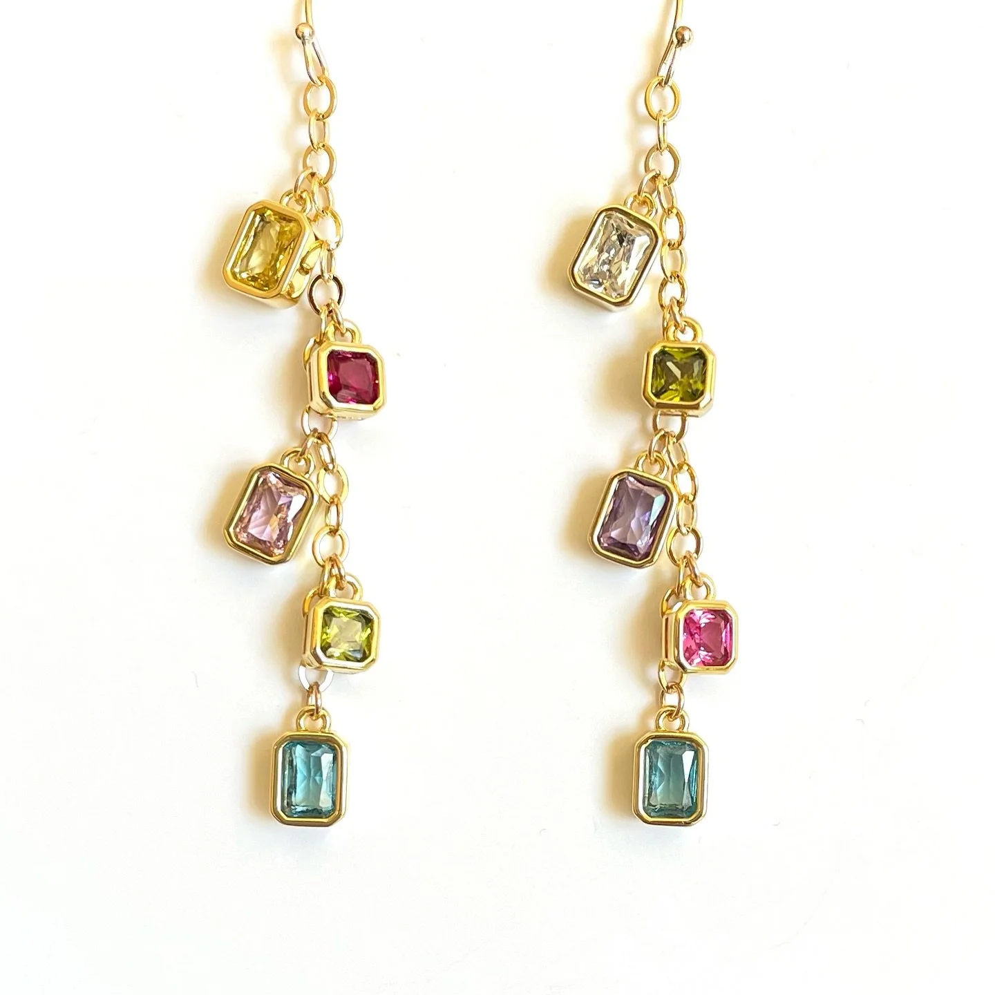 Spice up your ears &amp; outfits with these colorful geometrical waterfall earrings. A mix of faceted squares and rectangles - unexpected &amp; mismatched, on purpose - customize the colors you prefer #colorstory #customearrings #jewelrydesigner #san