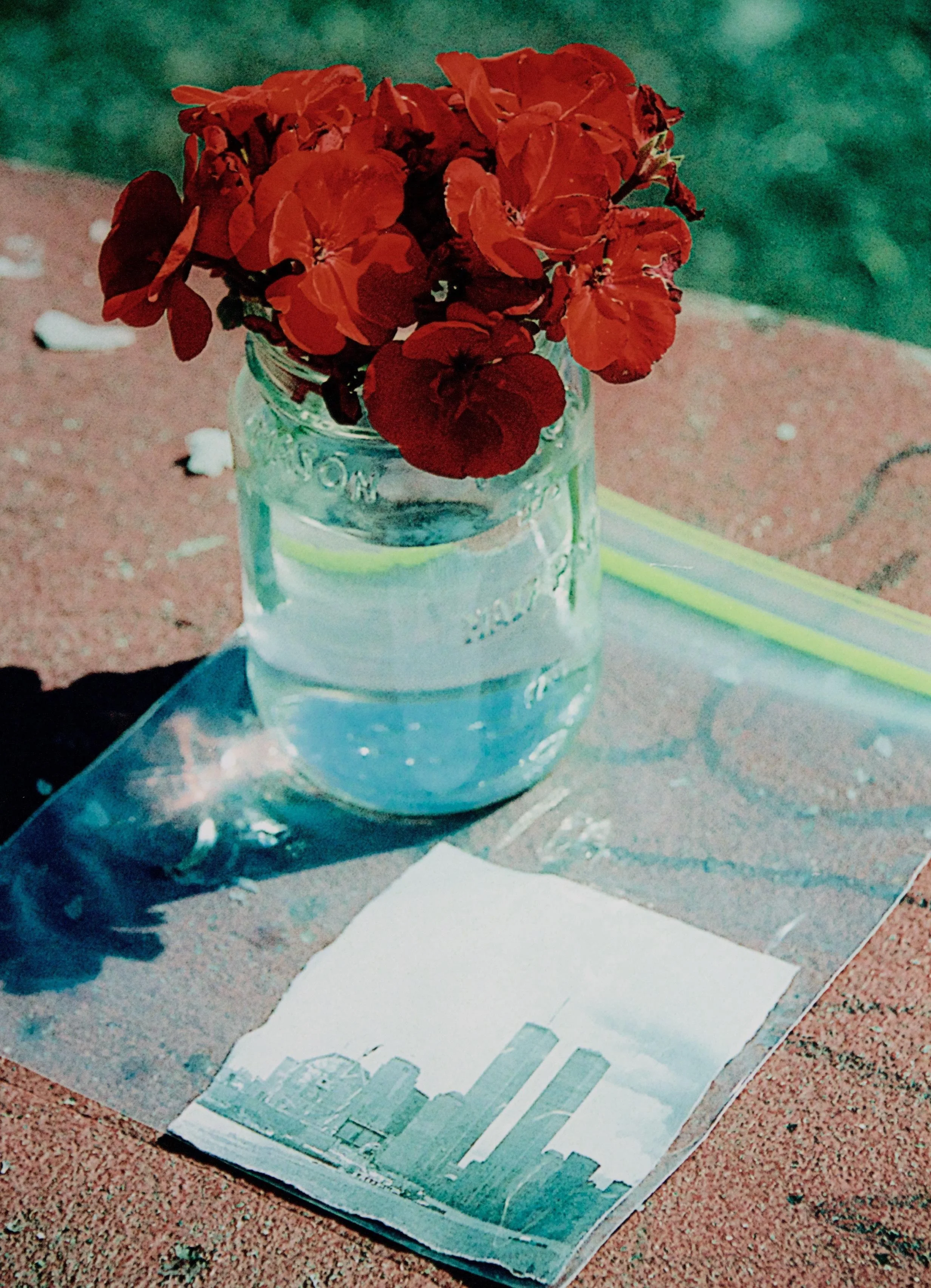 Someone placed a memorial on the Jersey City waterfront weeks after 9/11. Photograph by Bill Bayer. 