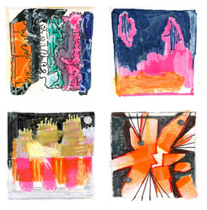 SQUARES 250-251-257-258 : "Razor Blade Salsa" (#250) / "Drive Way" (#251) / "Family City" (#257) / "I Was Thinking About the Universe" (#258); courtesy of the artist