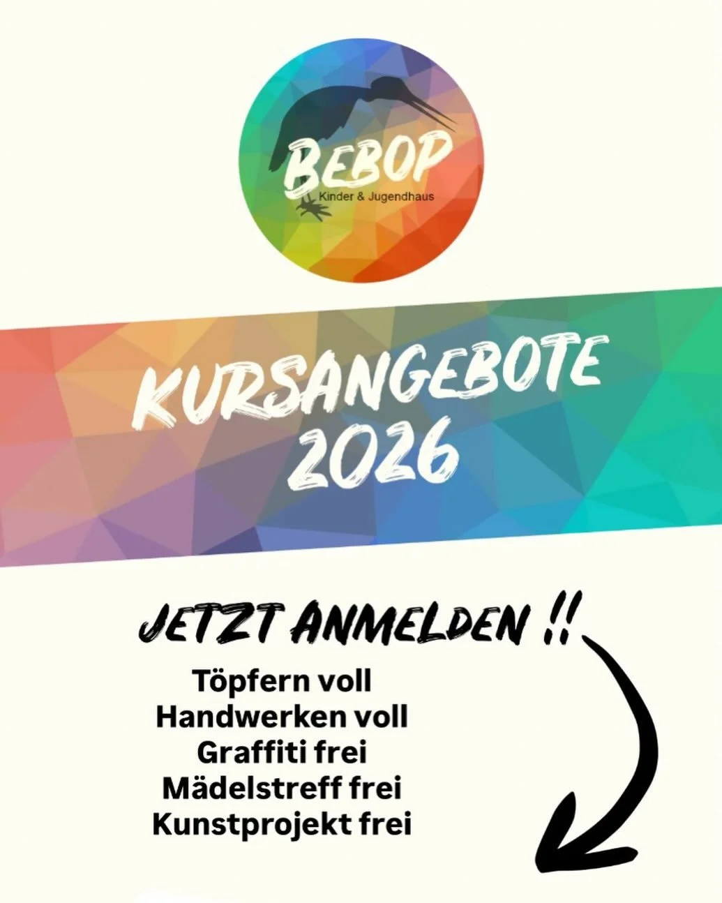 Habt ihr oder eure Kids schonmal im BEBOP ein Angebot oder Projekt mitgemacht ? Auf unserer Homepage findet ihr alle Infos zu unseren Angeboten. Schaut einfach mal vorbei.