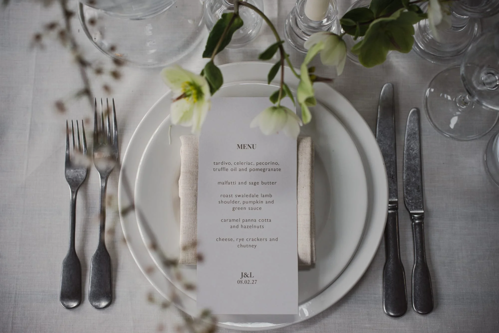 Winter wedding table setting with menu card and styling at an intimate Bristol venue
