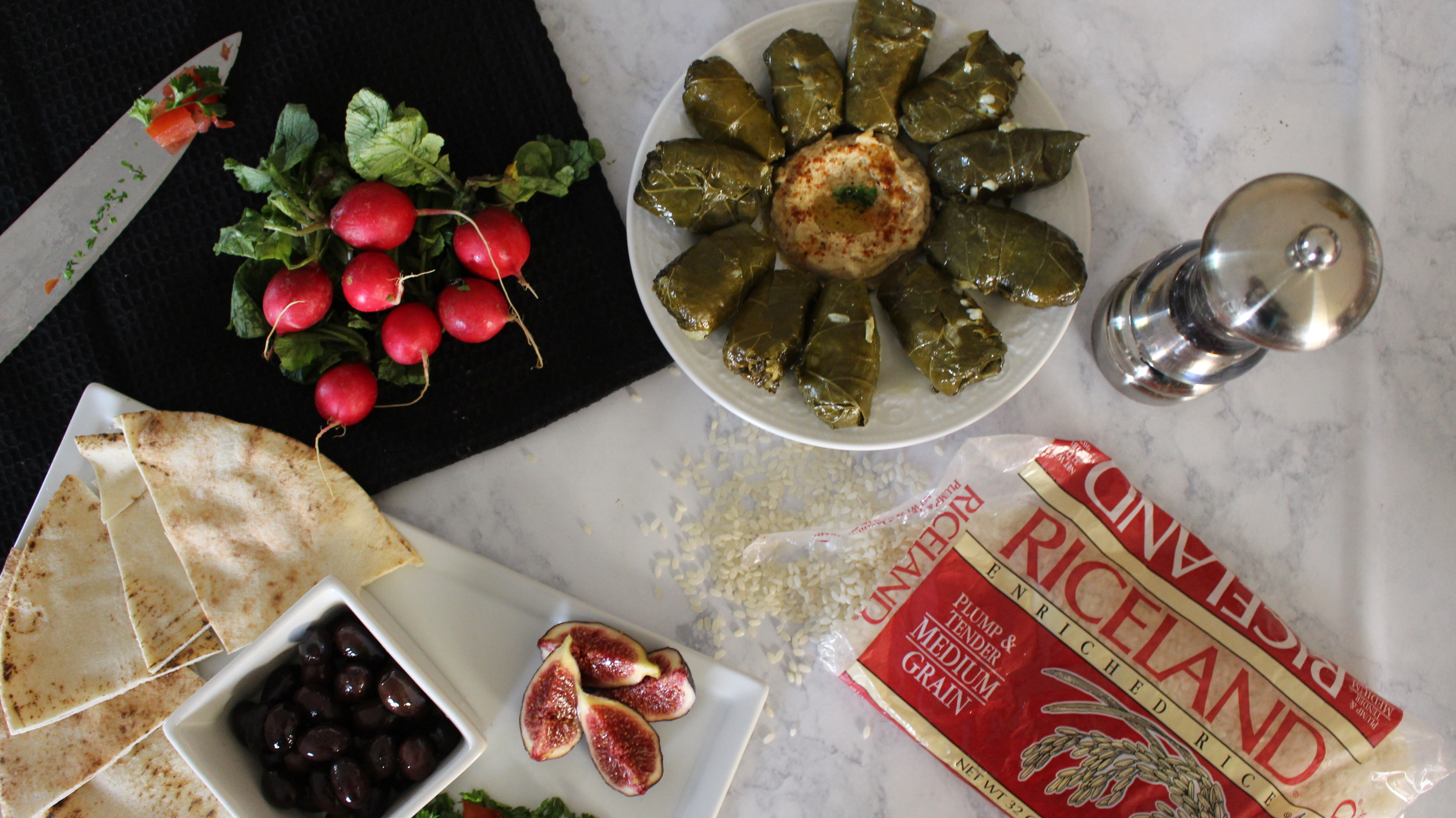 Mediterranean Mezze with Riceland Rice Stuffed Grape Leaves vegan gluten-free Lebanese cuisine Family cooking making memories