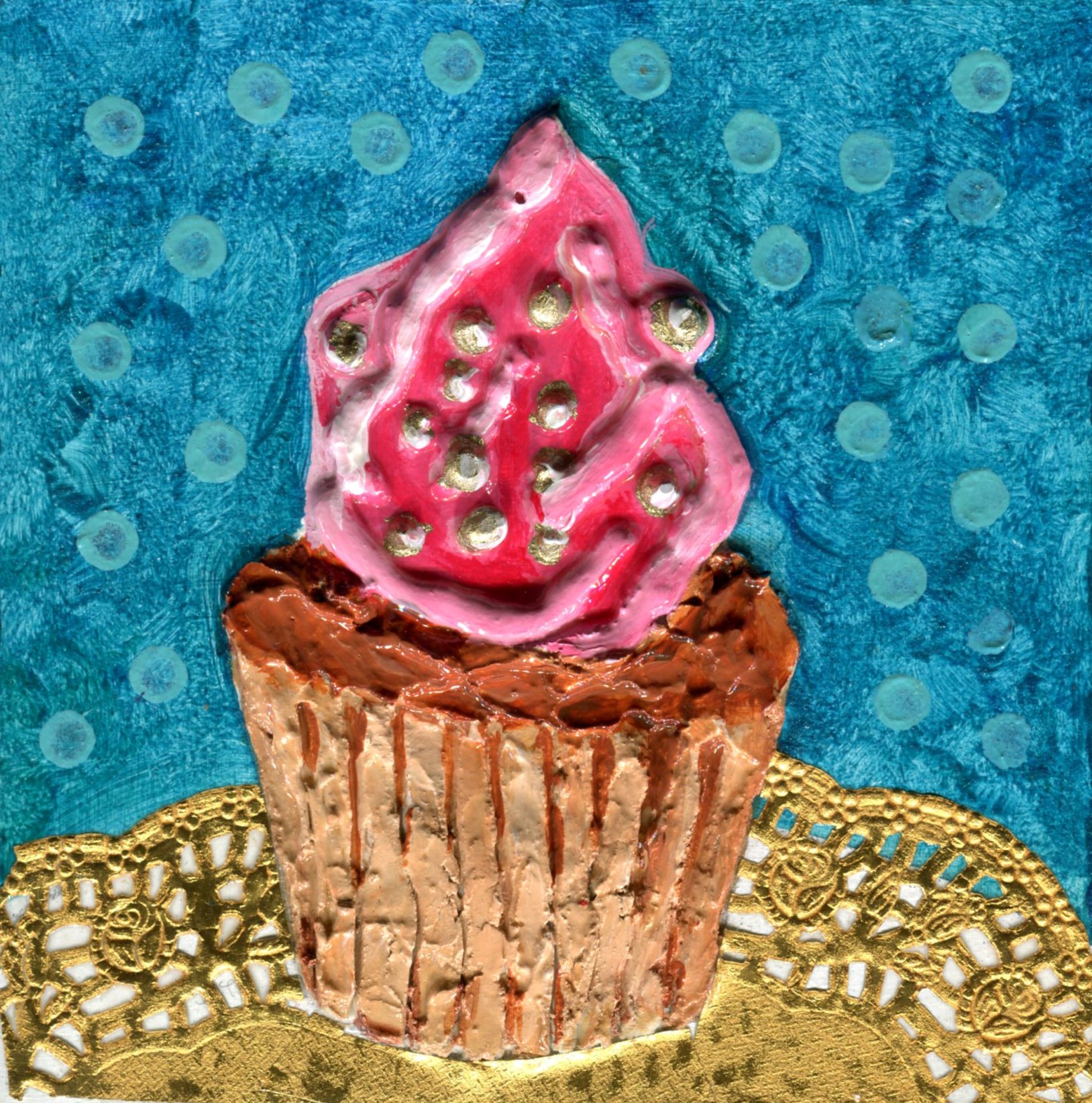 Edwards, Jacqueline 15c Strawberry Cupcake, Mixed media on wood.