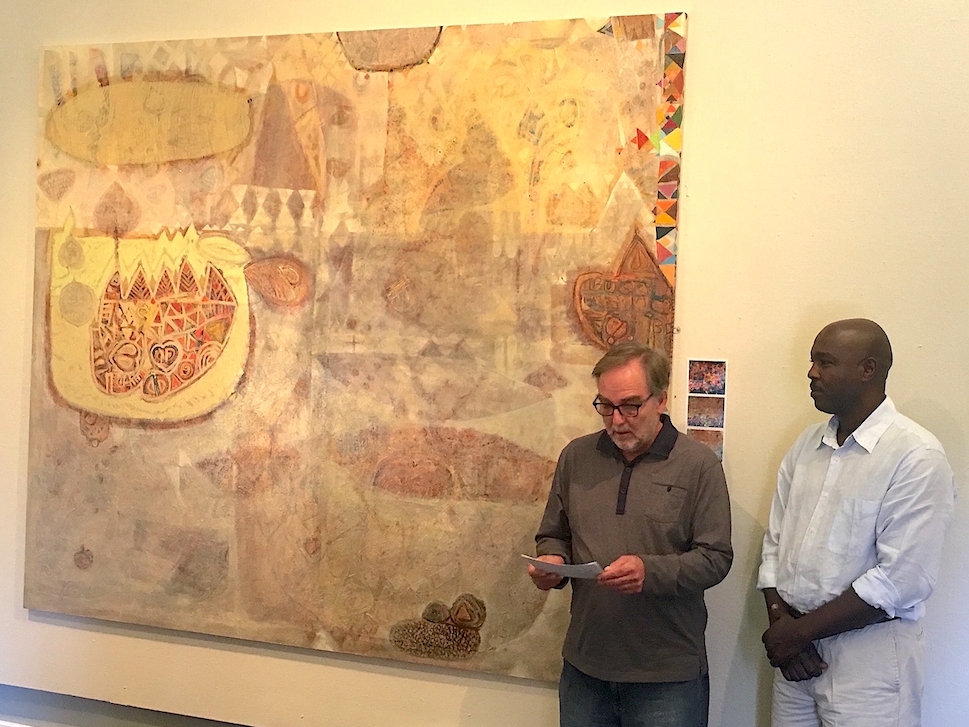 'Somewhere in Africa' by Pietermaritzburg-based Sudanese artist Hussein Salim was purchased by FOTAG for the Tatham Art Gallery permanent collection with funds raised by sales from the 2015 Fabulous Picture Show. It was unveiled on Sunday 26 June. Seen here are Brendan Bell (TAG director - left) and the artist.