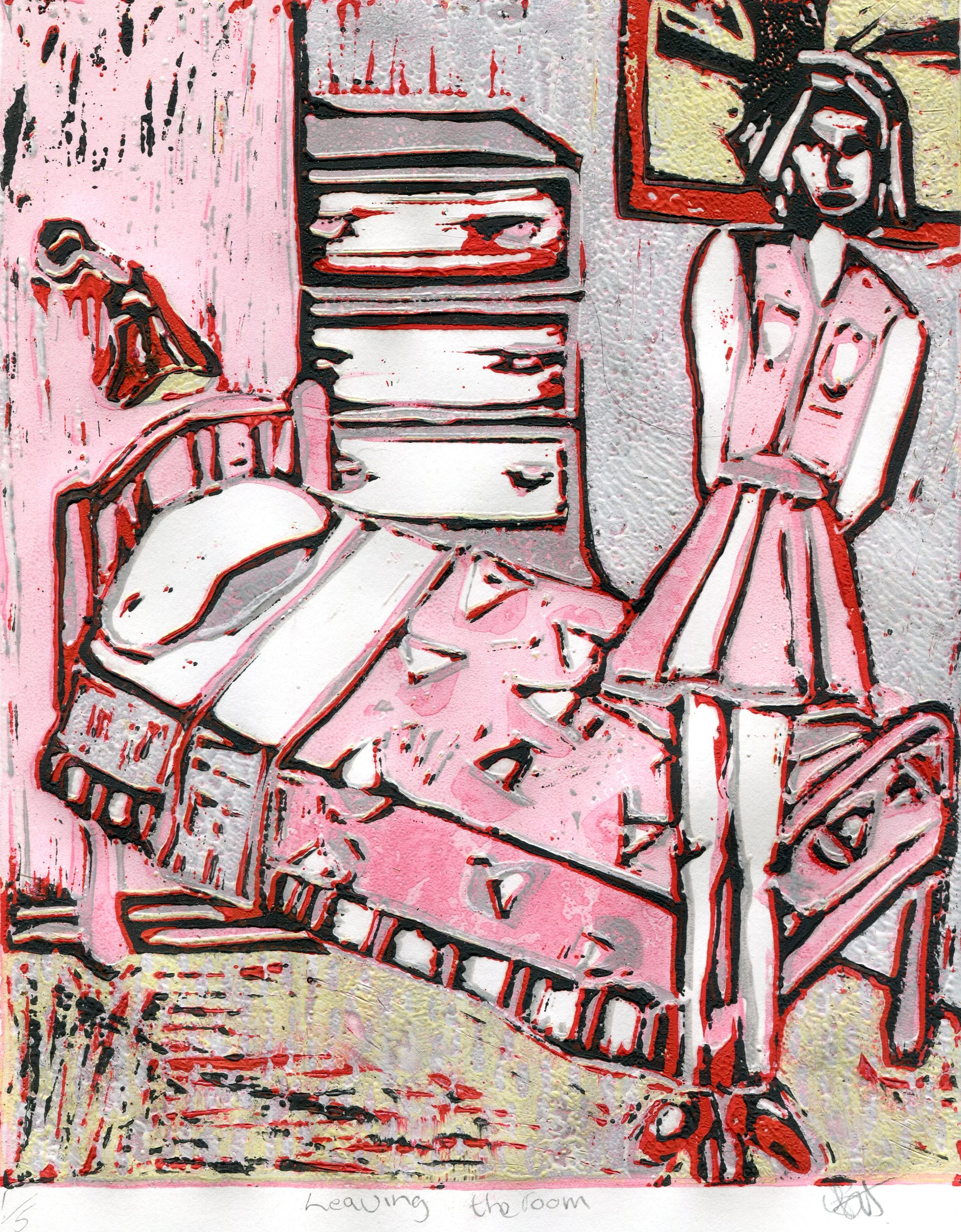 39a Elize Buchler Leaving the room linocut print on paper