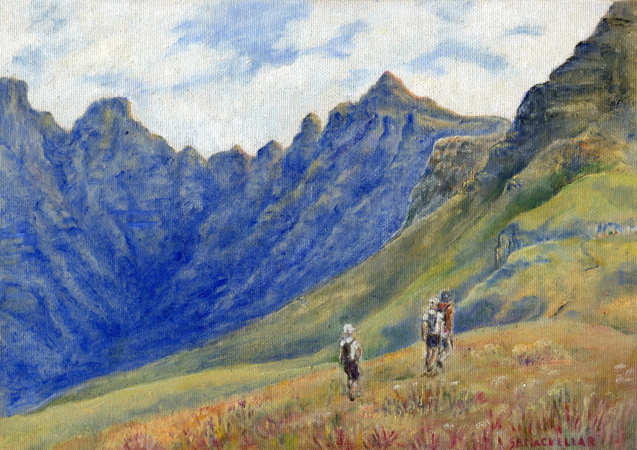 58a Shirley MacKellar Cathedral Peak hikers oil on canvas board