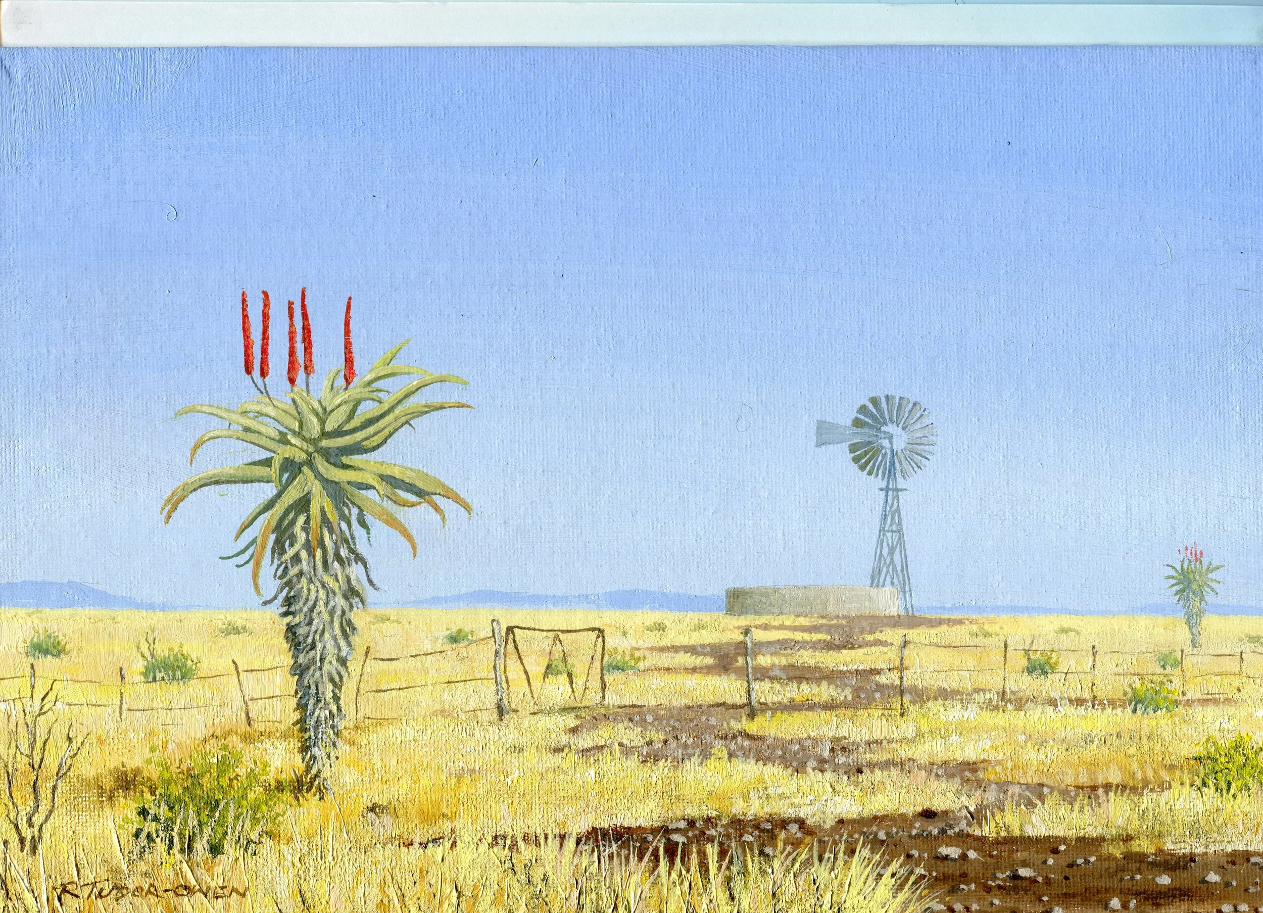 85a Richard Tudor-Owen Landscape with wind pump acrylic on canvas board