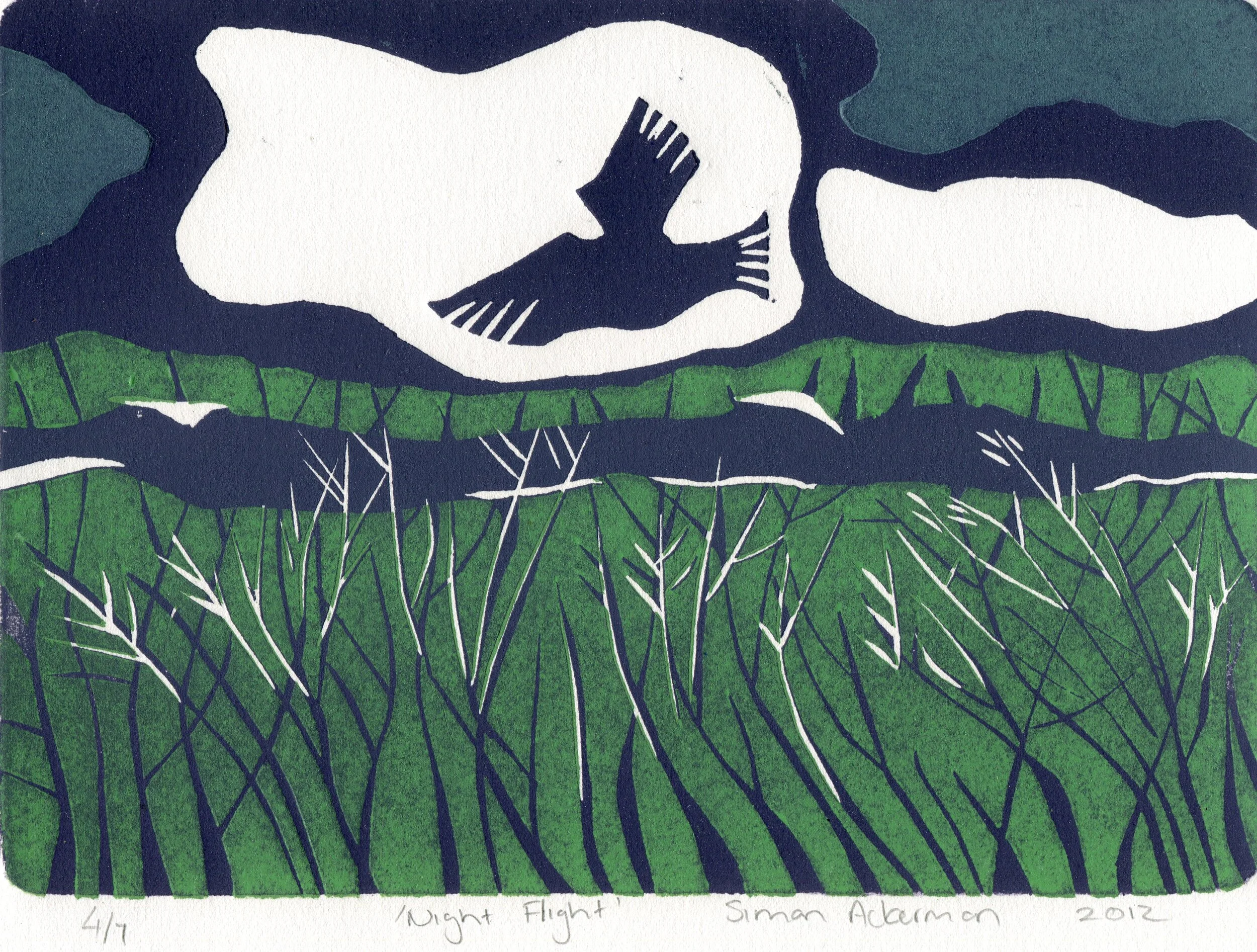 27a Simon Ackerman Night flight reduction wood cut print on paper