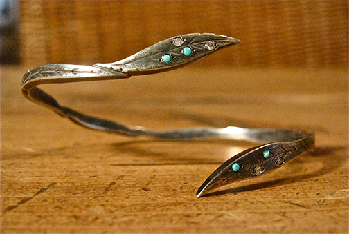 Oxidized Leaf Cuff w/ Diamonds & Turquoise